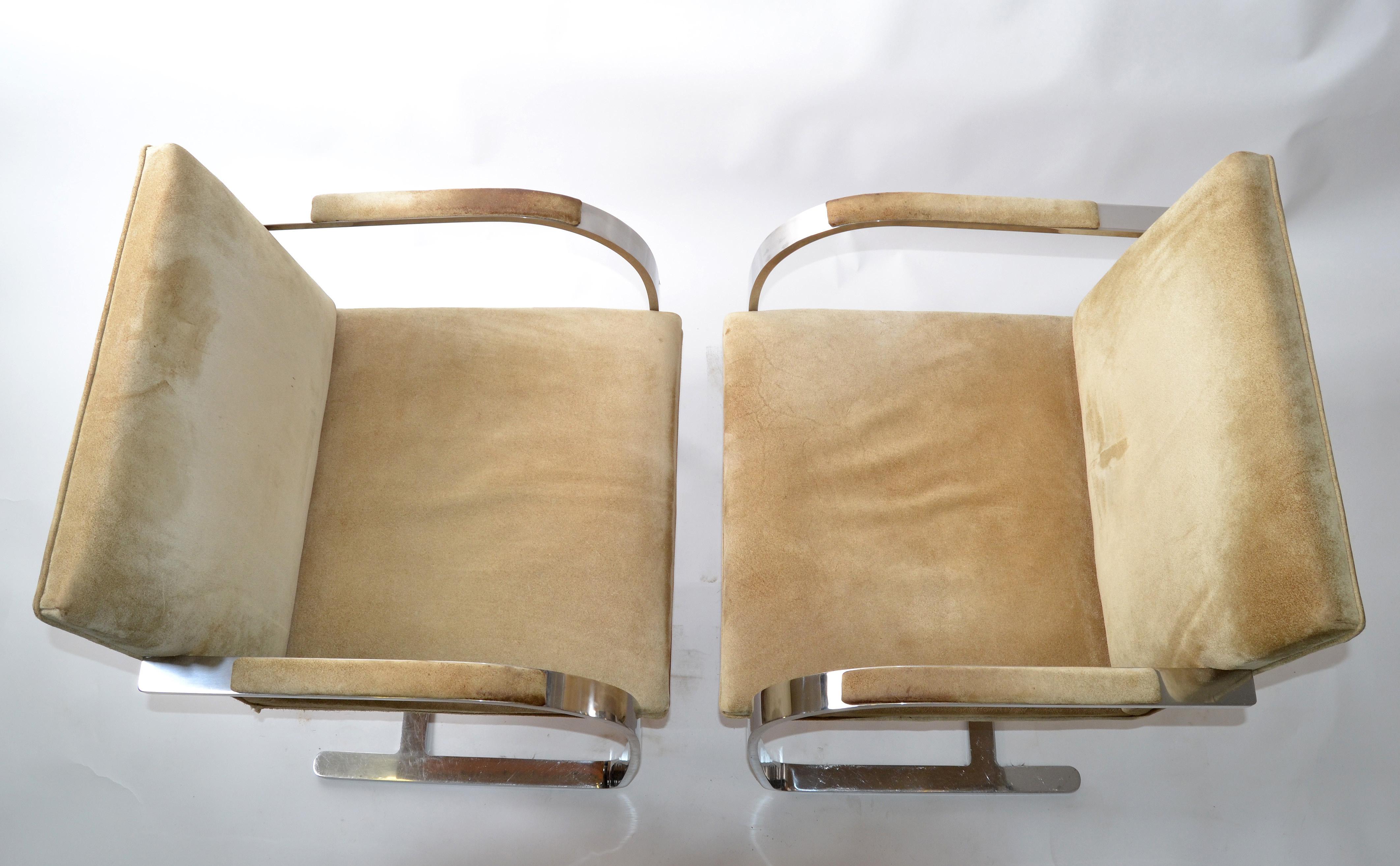 Mid-Century Modern Mies Van Der Rohe For Knoll Beige Ultrasuede Stainless Steel Brno Chairs, Pair 