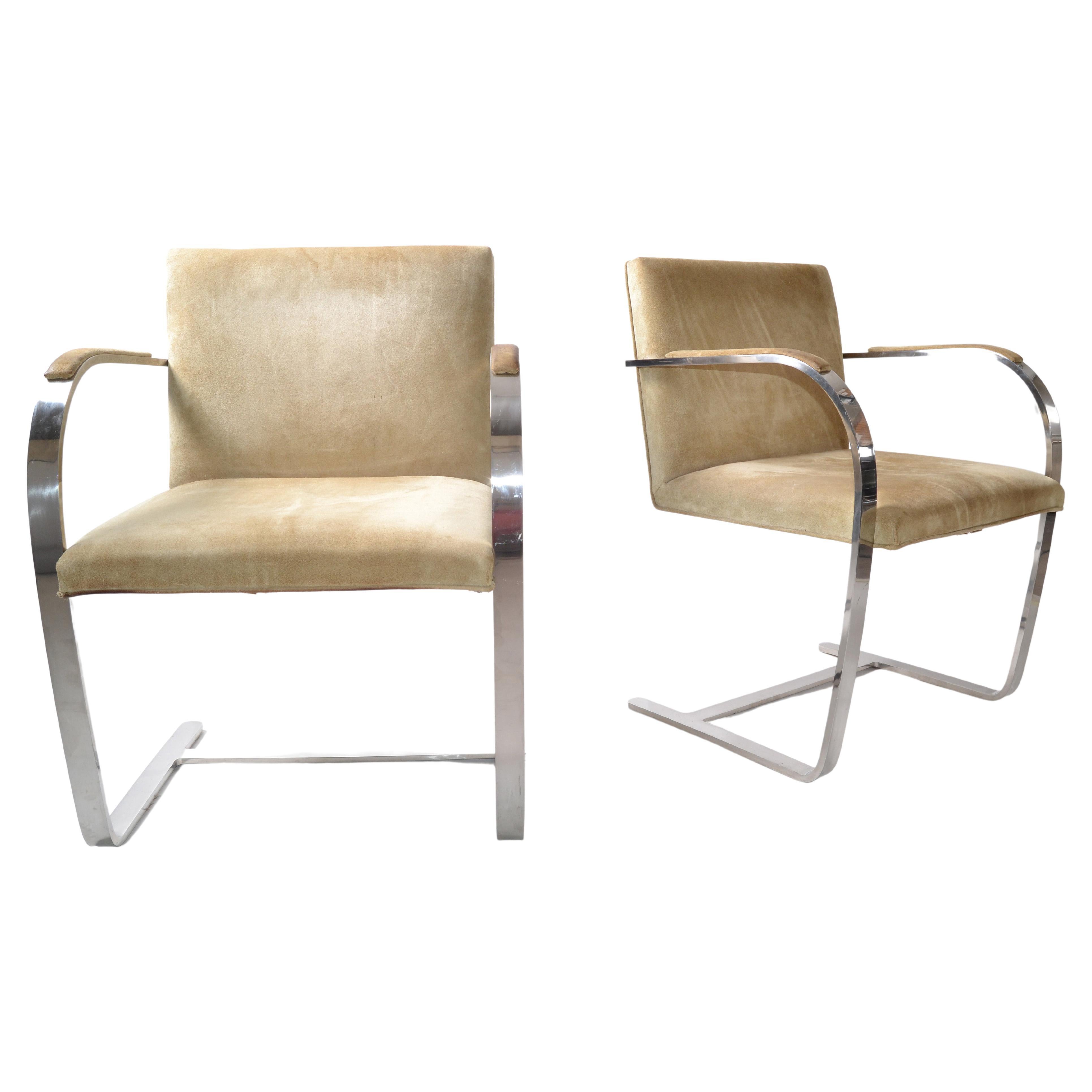 Mies Van Der Rohe For Knoll Beige Ultrasuede Stainless Steel Brno Chairs, Pair 