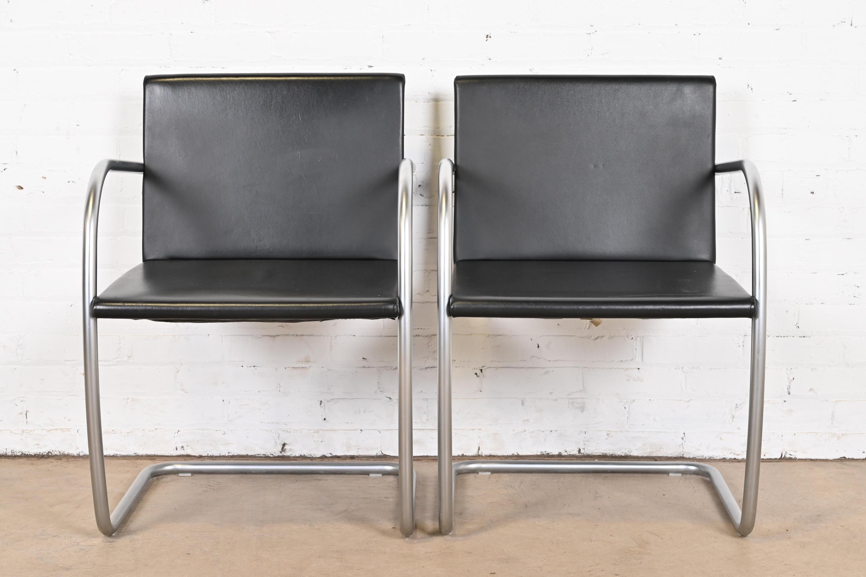 American Mies Van Der Rohe for Knoll Black Leather and Chrome Brno Chairs, Pair For Sale