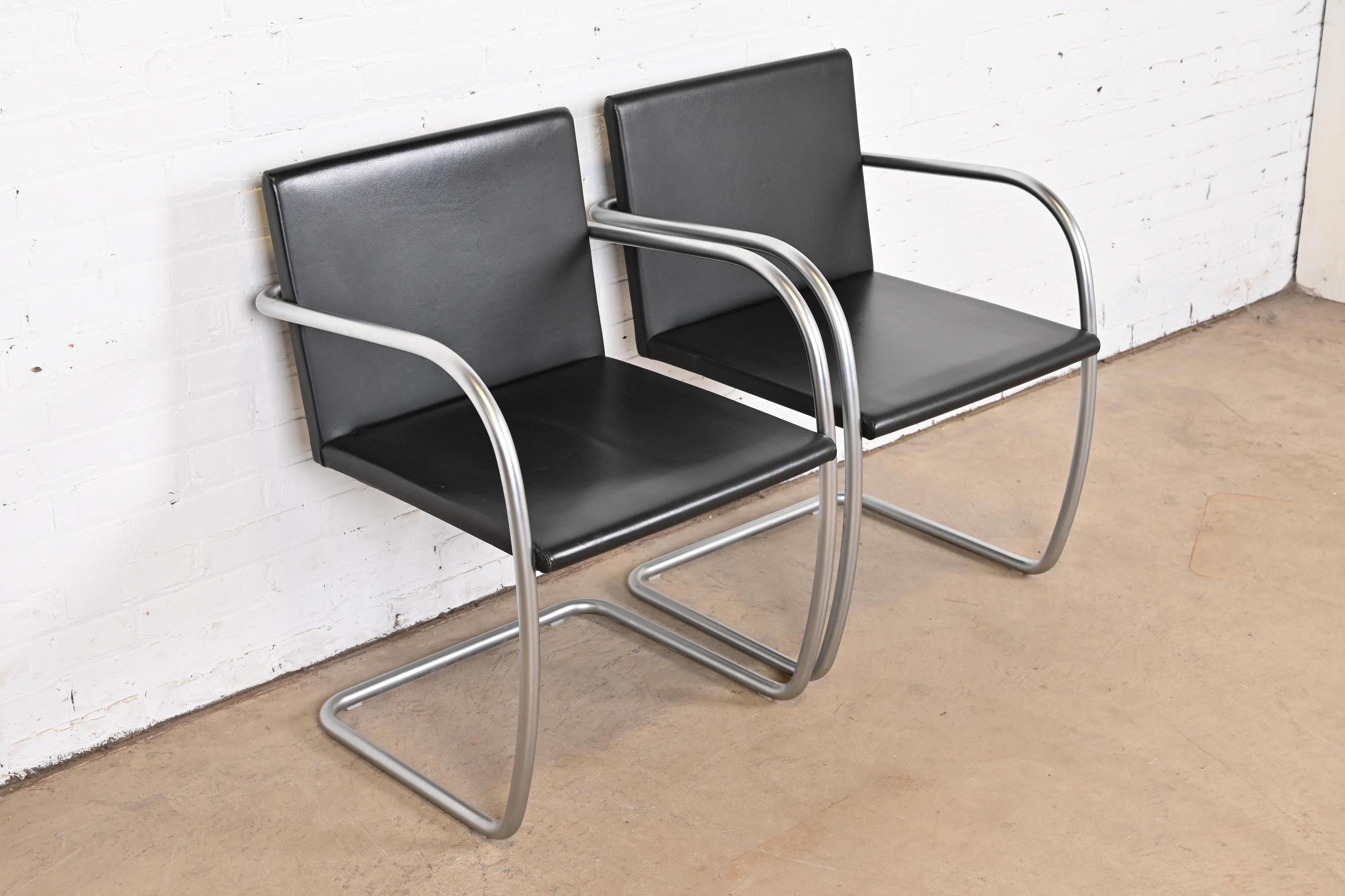 Mies Van Der Rohe for Knoll Black Leather and Chrome Brno Chairs, Pair In Good Condition For Sale In South Bend, IN