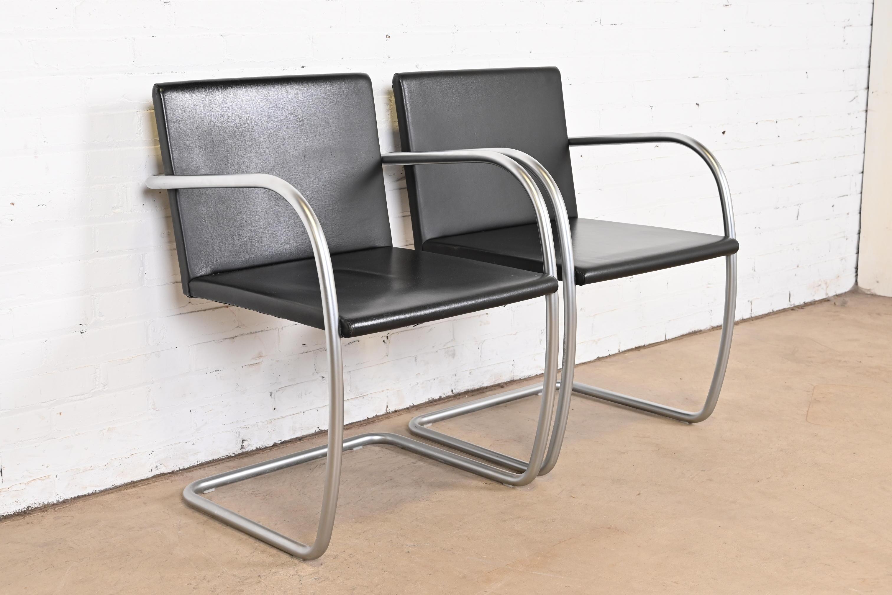20th Century Mies Van Der Rohe for Knoll Black Leather and Chrome Brno Chairs, Pair For Sale