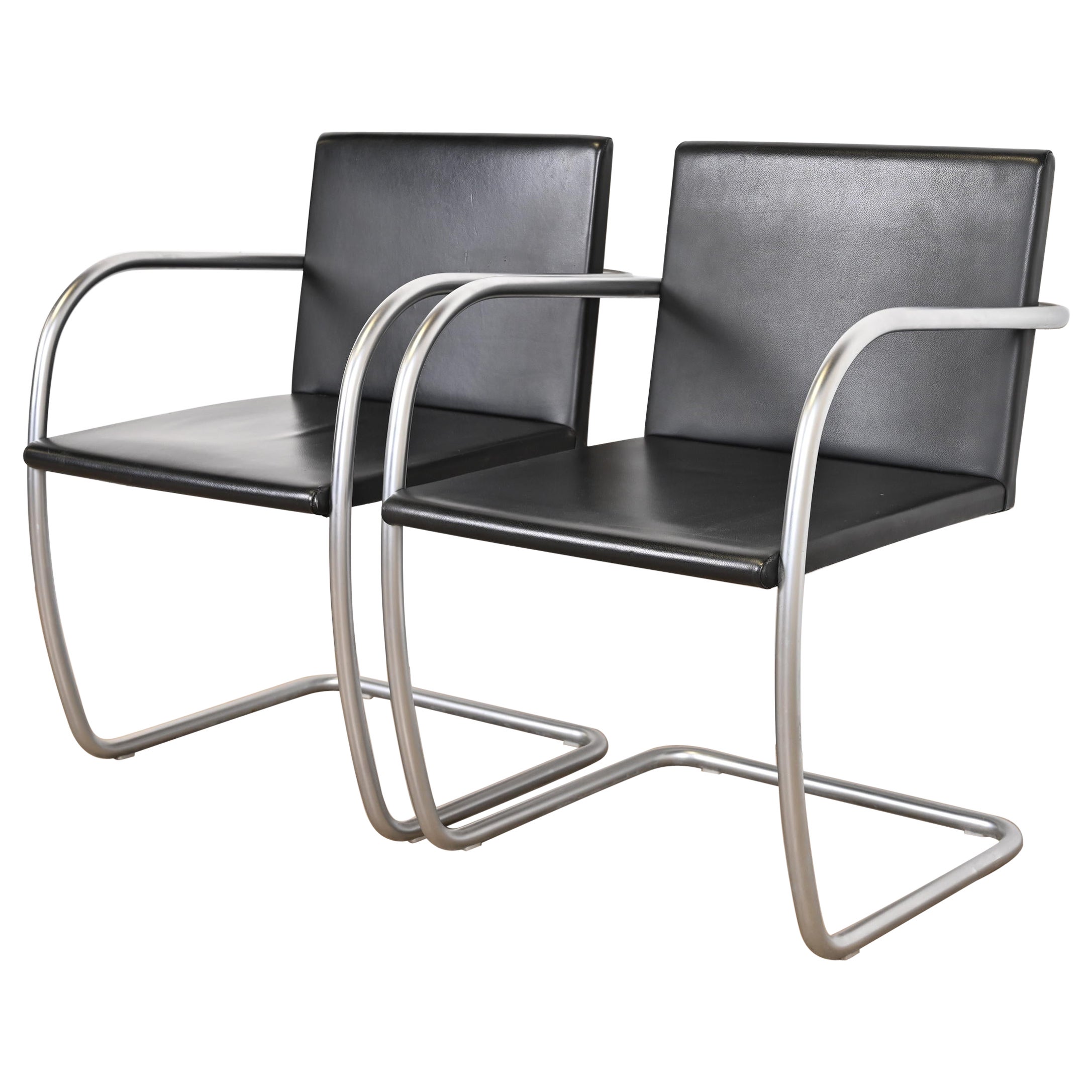 Mies Van Der Rohe for Knoll Black Leather and Chrome Brno Chairs, Pair