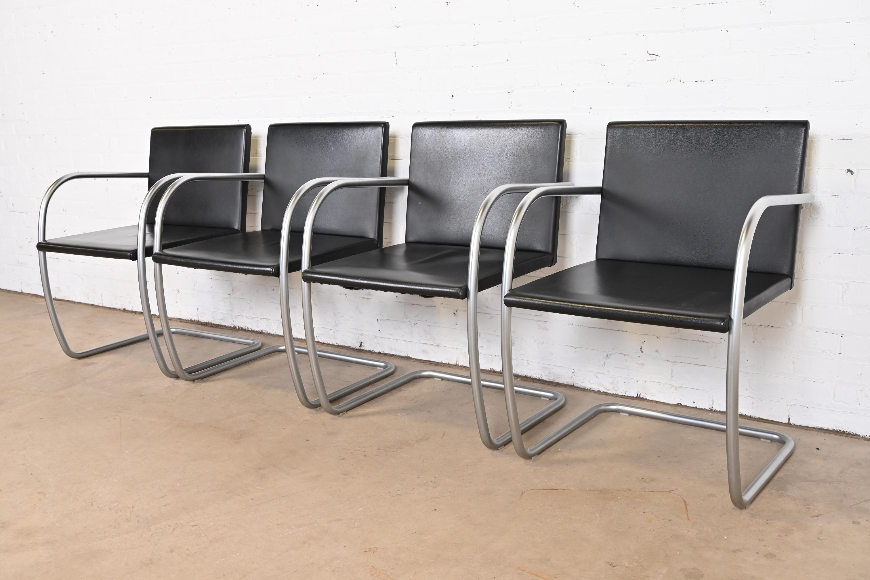 Mid-Century Modern Mies Van Der Rohe for Knoll Black Leather and Chrome Brno Chairs, Set of Four