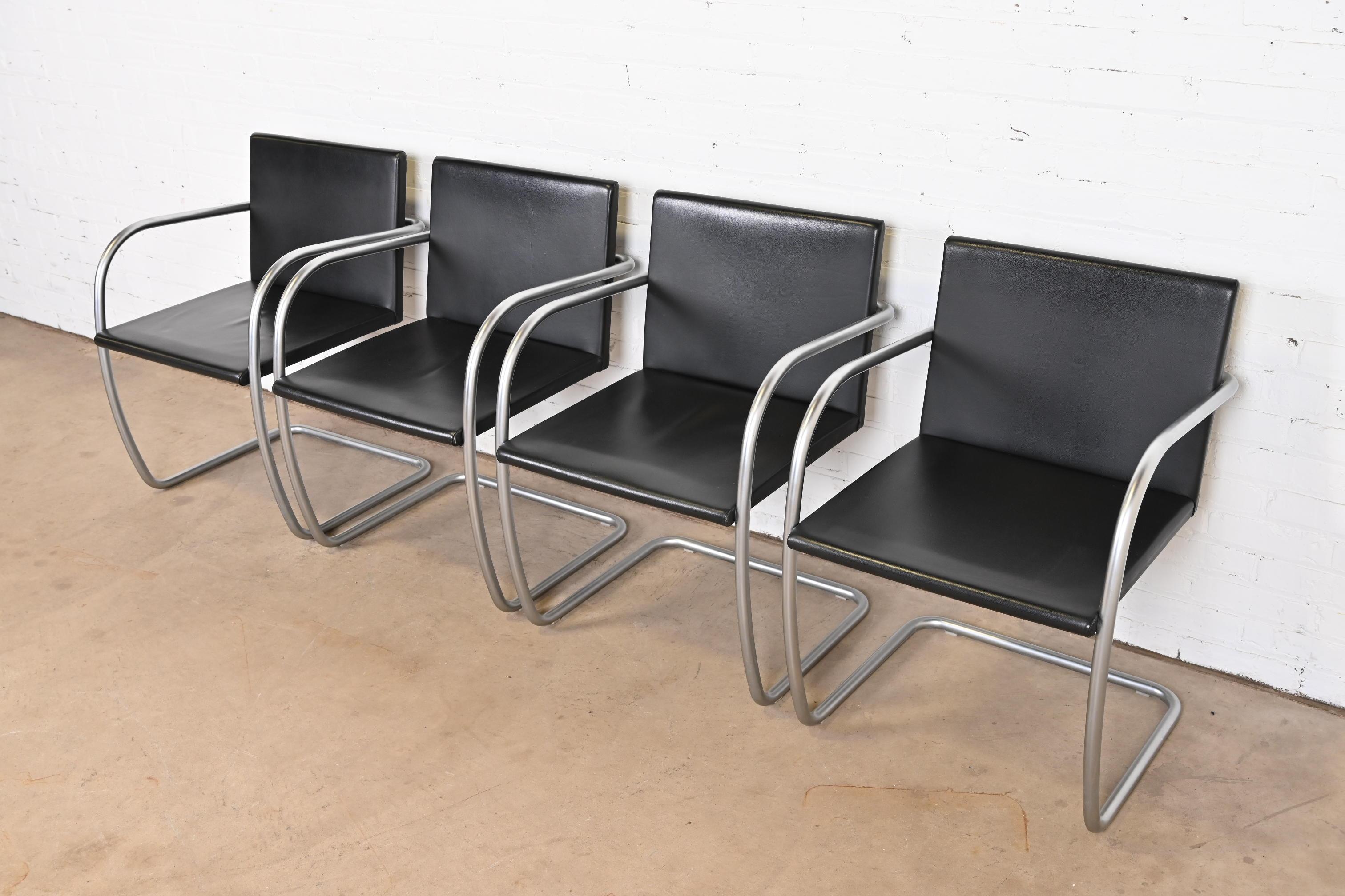 American Mies Van Der Rohe for Knoll Black Leather and Chrome Brno Chairs, Set of Four