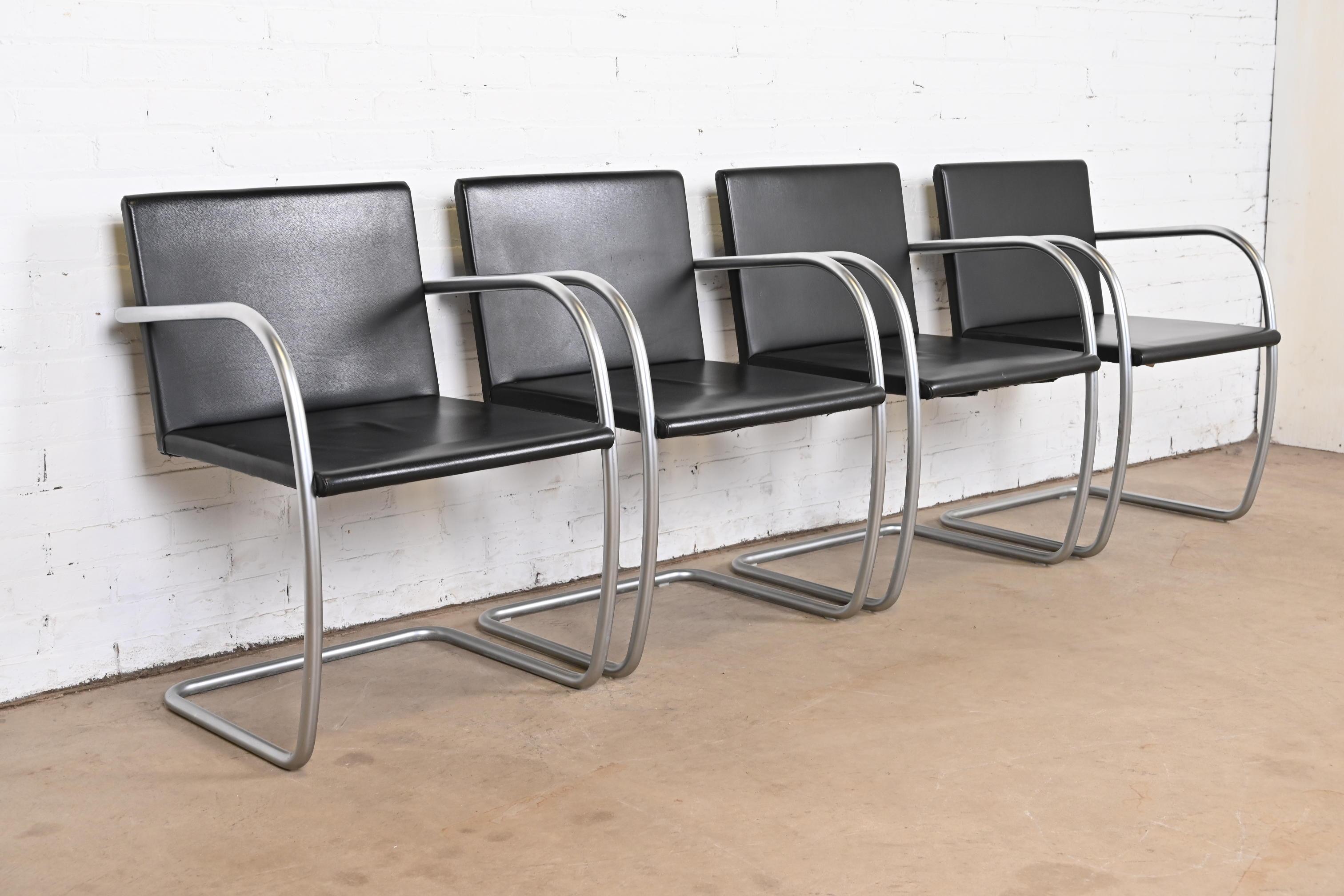 20th Century Mies Van Der Rohe for Knoll Black Leather and Chrome Brno Chairs, Set of Four