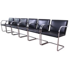 Mies van der Rohe for Knoll Black Leather and Chrome Brno Chairs, Set of Six