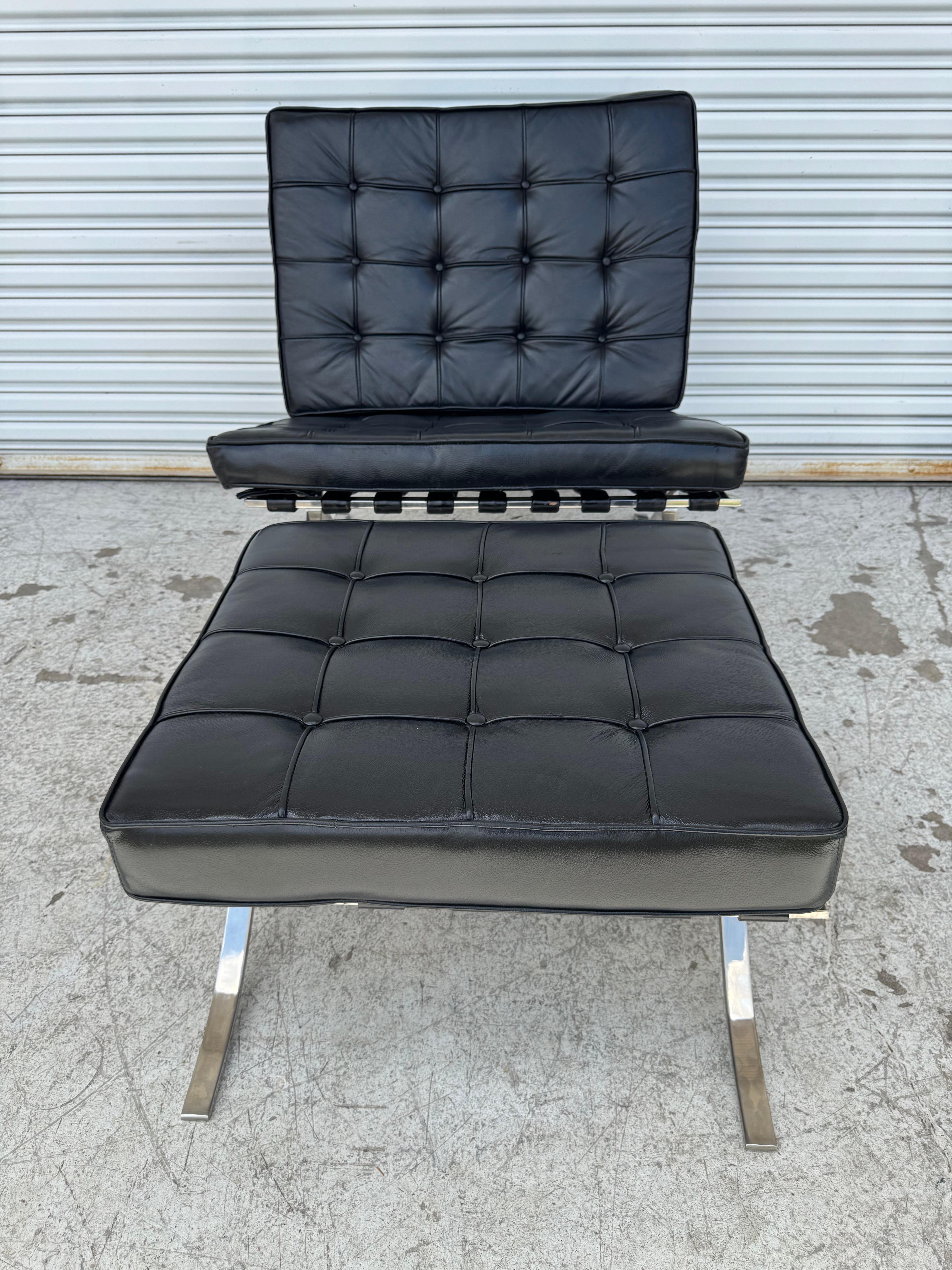 A classic in modern design, this chair and ottoman is constructed from flat bar stainless steel for ultimate durability. The Stainless steel is hand-buffed to a mirror finish. The chair has a striking look in a beautiful, black leather tufted