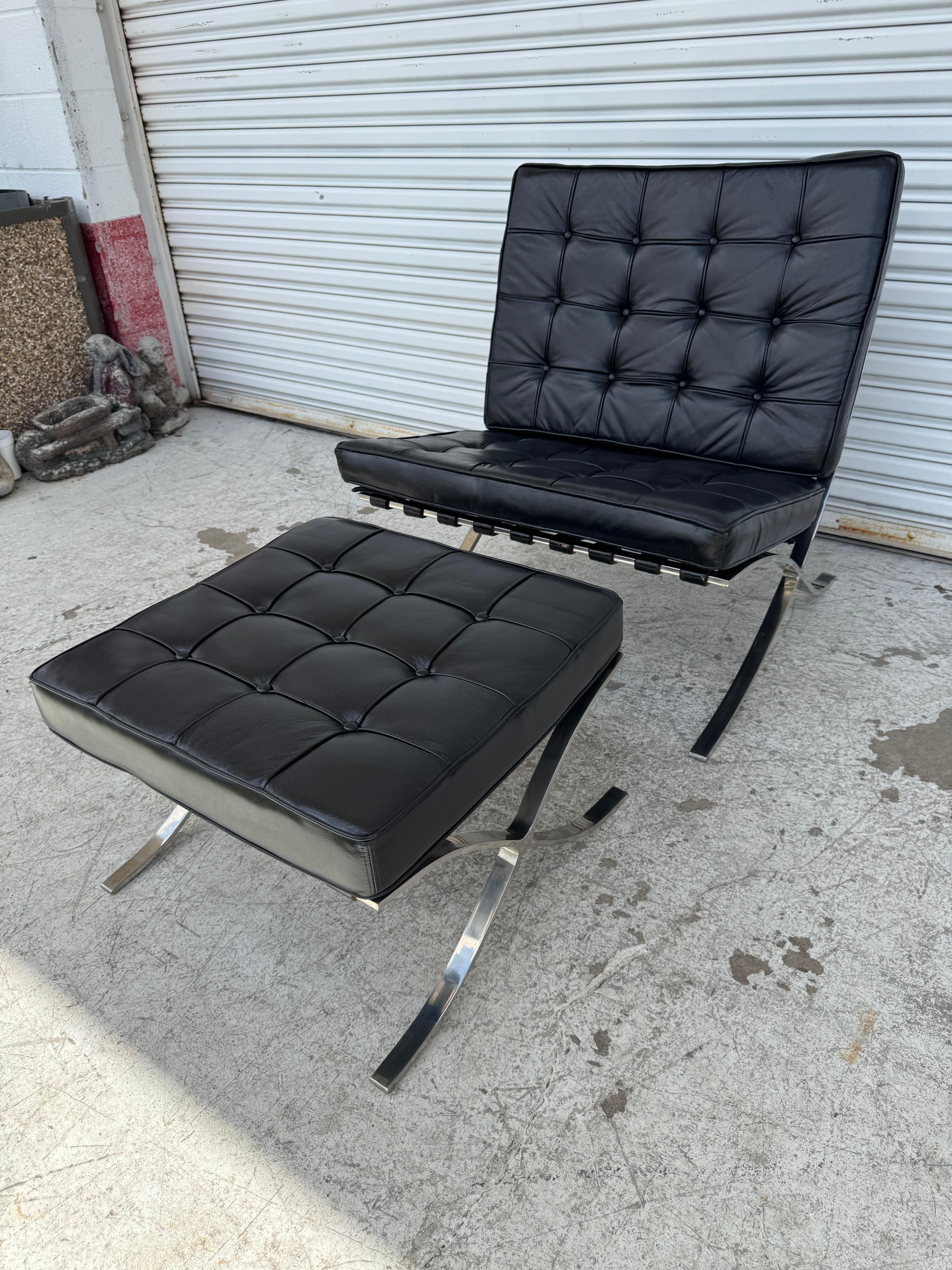 American Mies van der Rohe for Knoll Black Tufted Leather Barcelona Chair and Ottoman For Sale