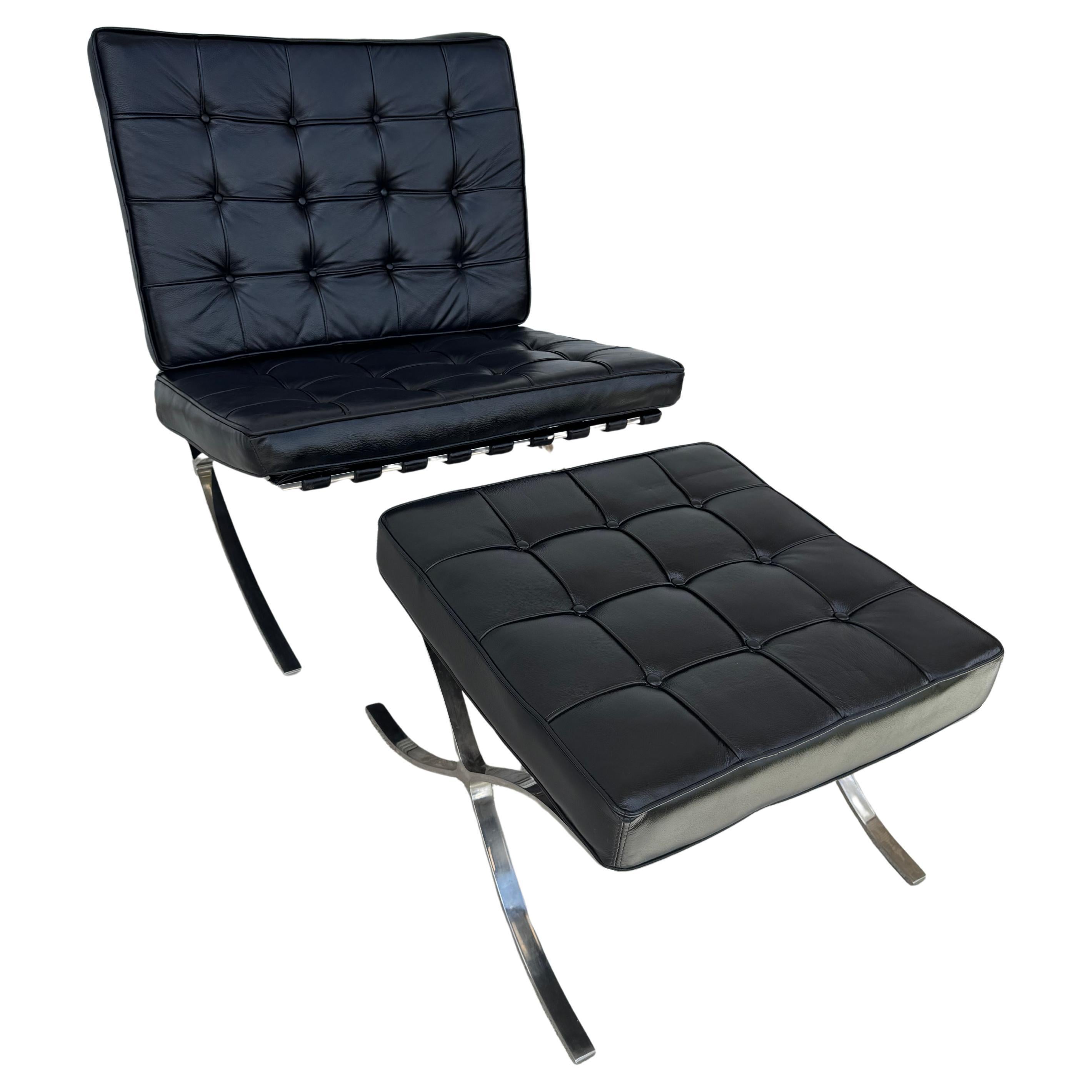Mies van der Rohe for Knoll Black Tufted Leather Barcelona Chair and Ottoman