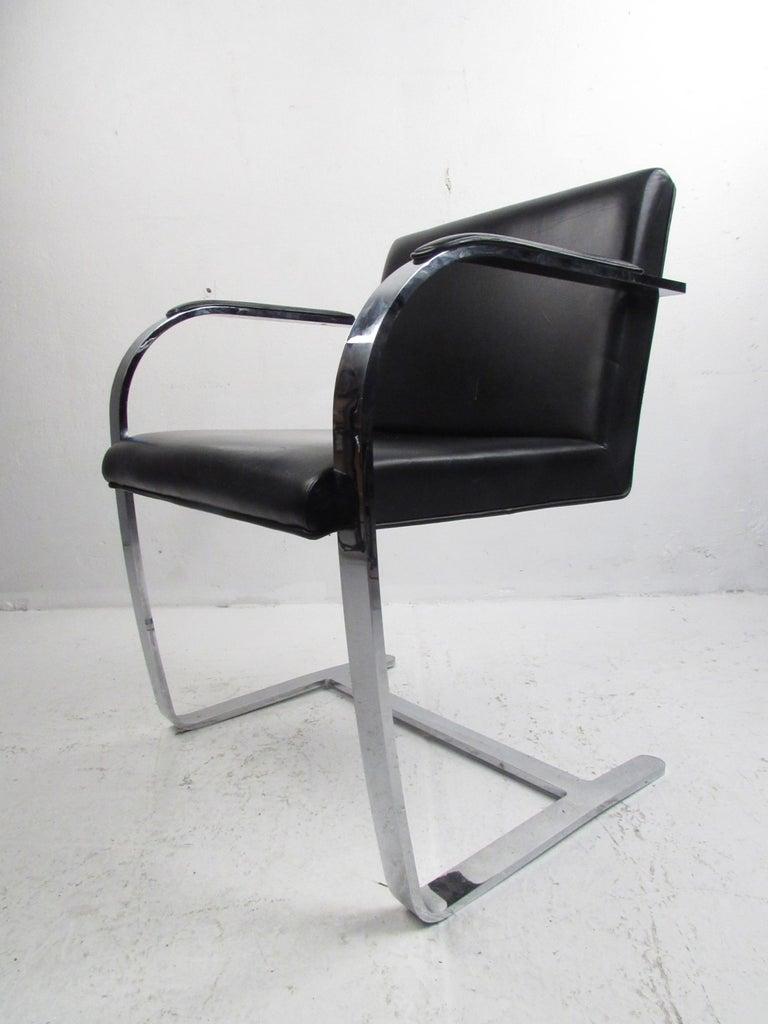 Stainless Steel Mies van der Rohe for Knoll Brno Flat Bar Armchair 255 AC, Black Leather, Italy For Sale