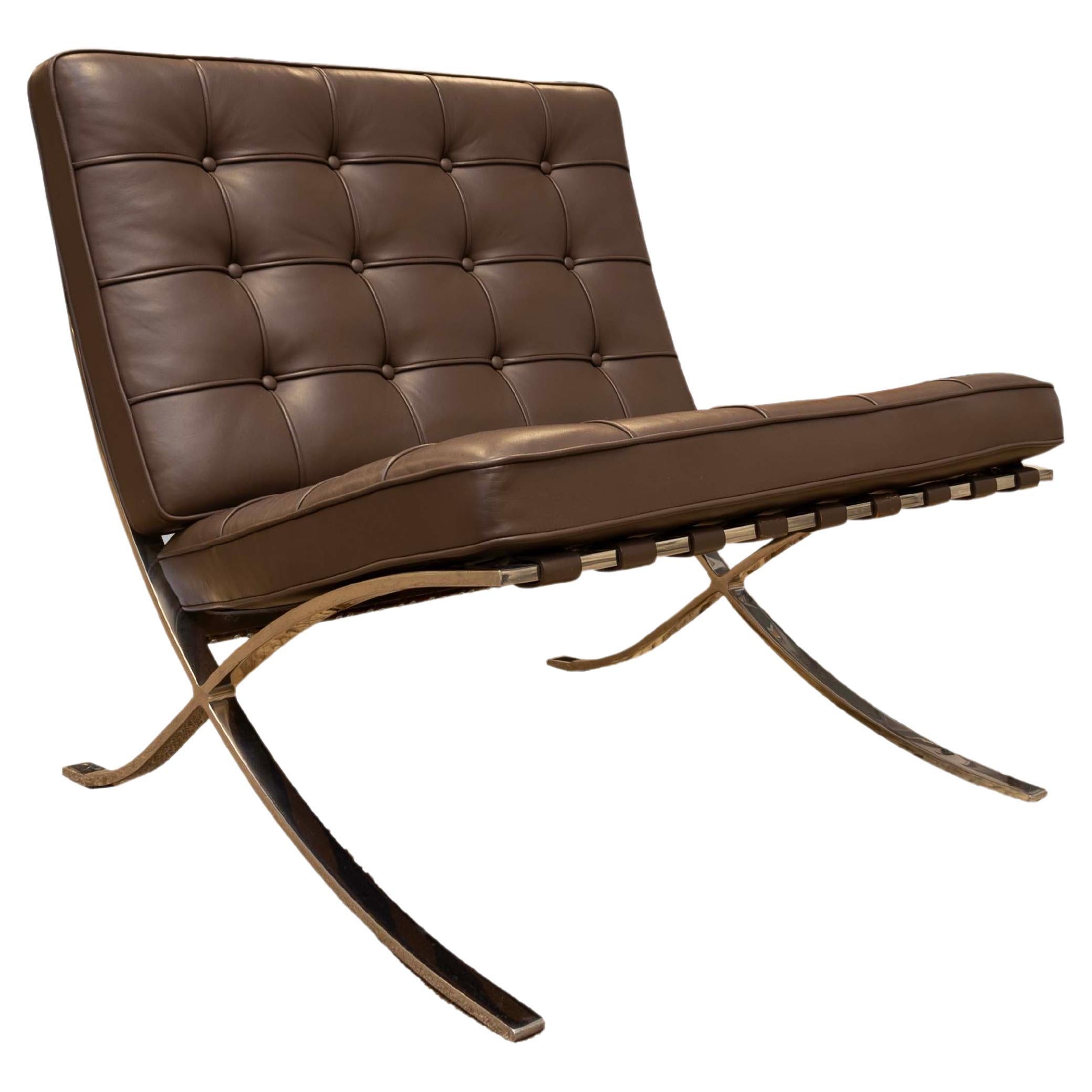 Mies Van Der Rohe for Knoll Brown Barcelona Leather Chair Mid Century Modern For Sale