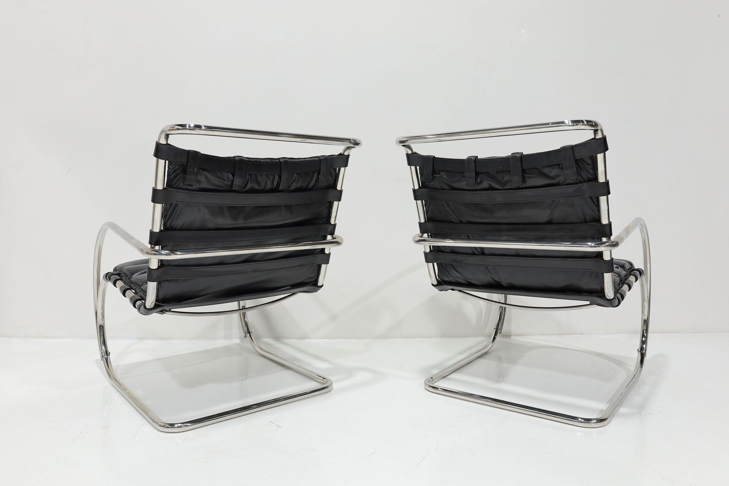 Steel Mies Van Der Rohe for Knoll MR Black Leather Lounge Chairs