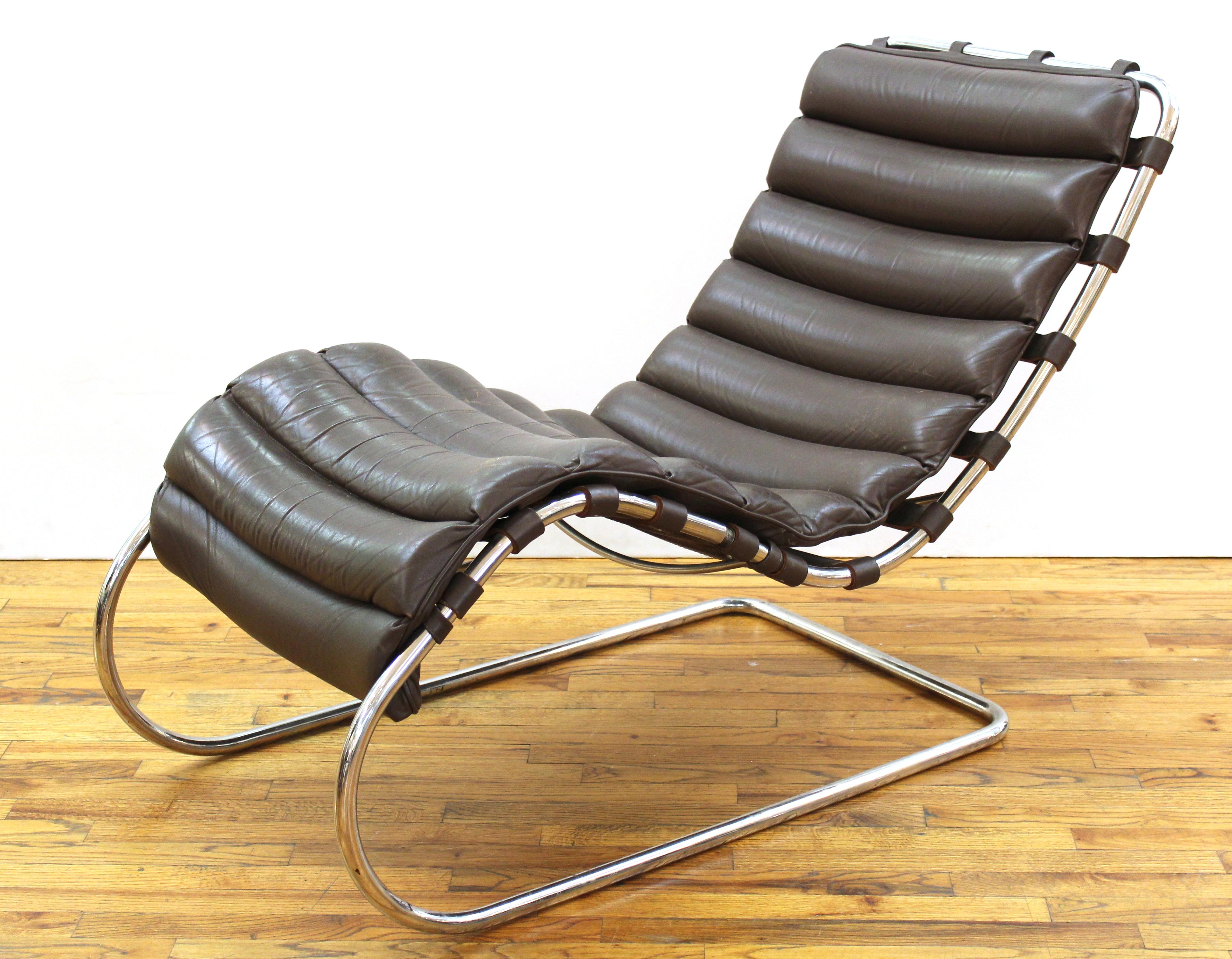 Mies van der Rohe for Knoll MR chaise lounge 241LS with cantilevered tubular chromed steel frame and upholstered in brown leather. Originally designed in 1927 and used in Stuttgart, Germany. Marked 'Knoll Studio' on the back frame.