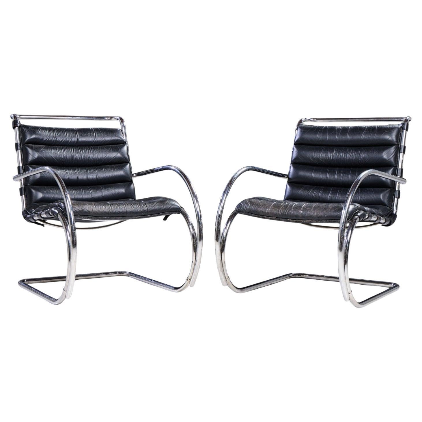 Mies van der Rohe for Knoll MR Mid Century Black Leather Lounge Chairs - Pair