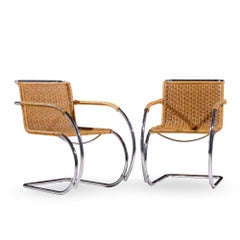 Mies van der Rohe for Knoll MR Mid Century Rattan and Chrome Chairs - Pair
