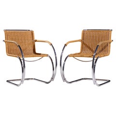 Mies van der Rohe for Knoll MR Mid Century Rattan and Chrome Chairs - Pair