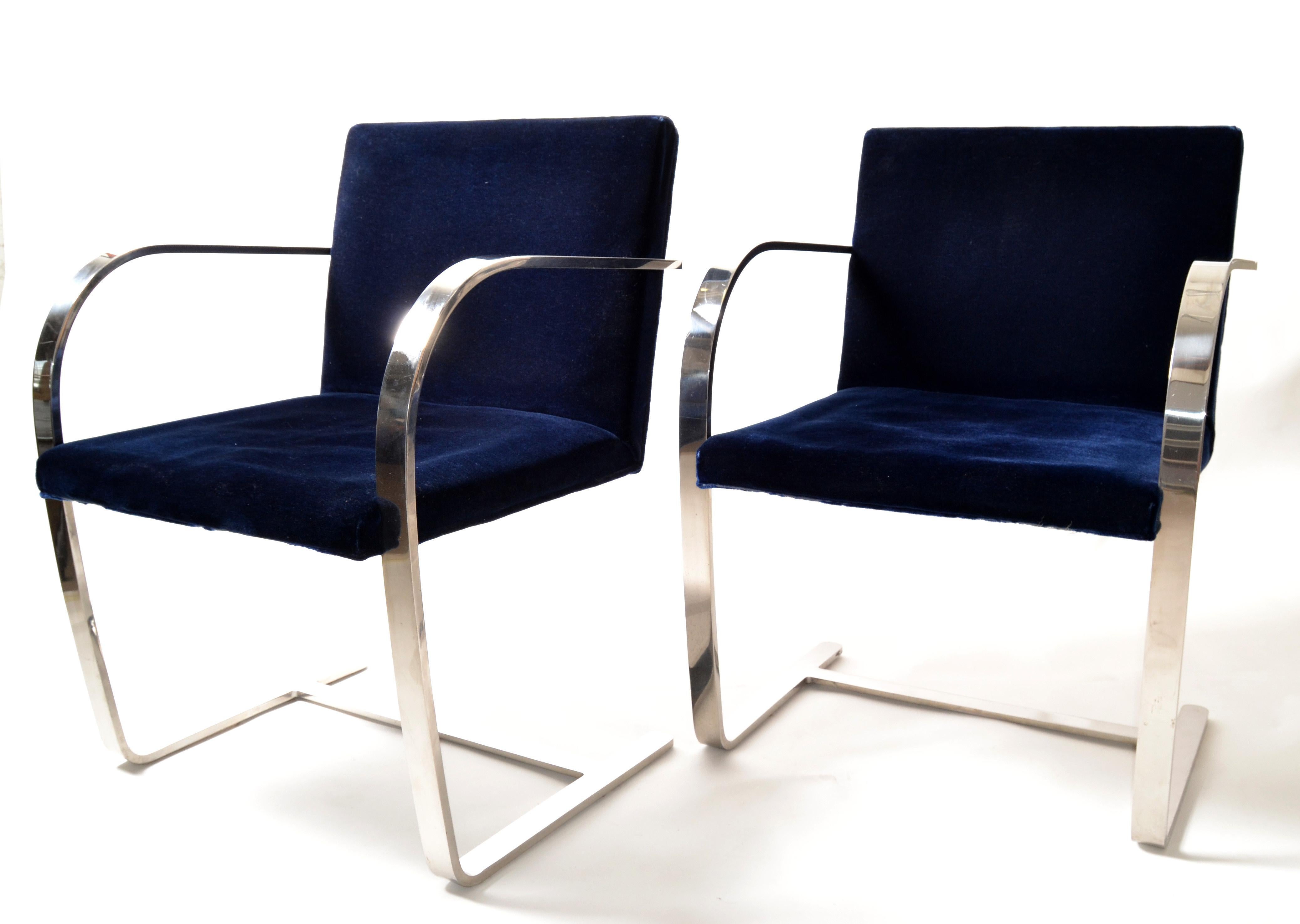 Mies Van Der Rohe For Knoll Stainless Steel Brno Chairs Blue Velvet 1977, Pair   For Sale 5