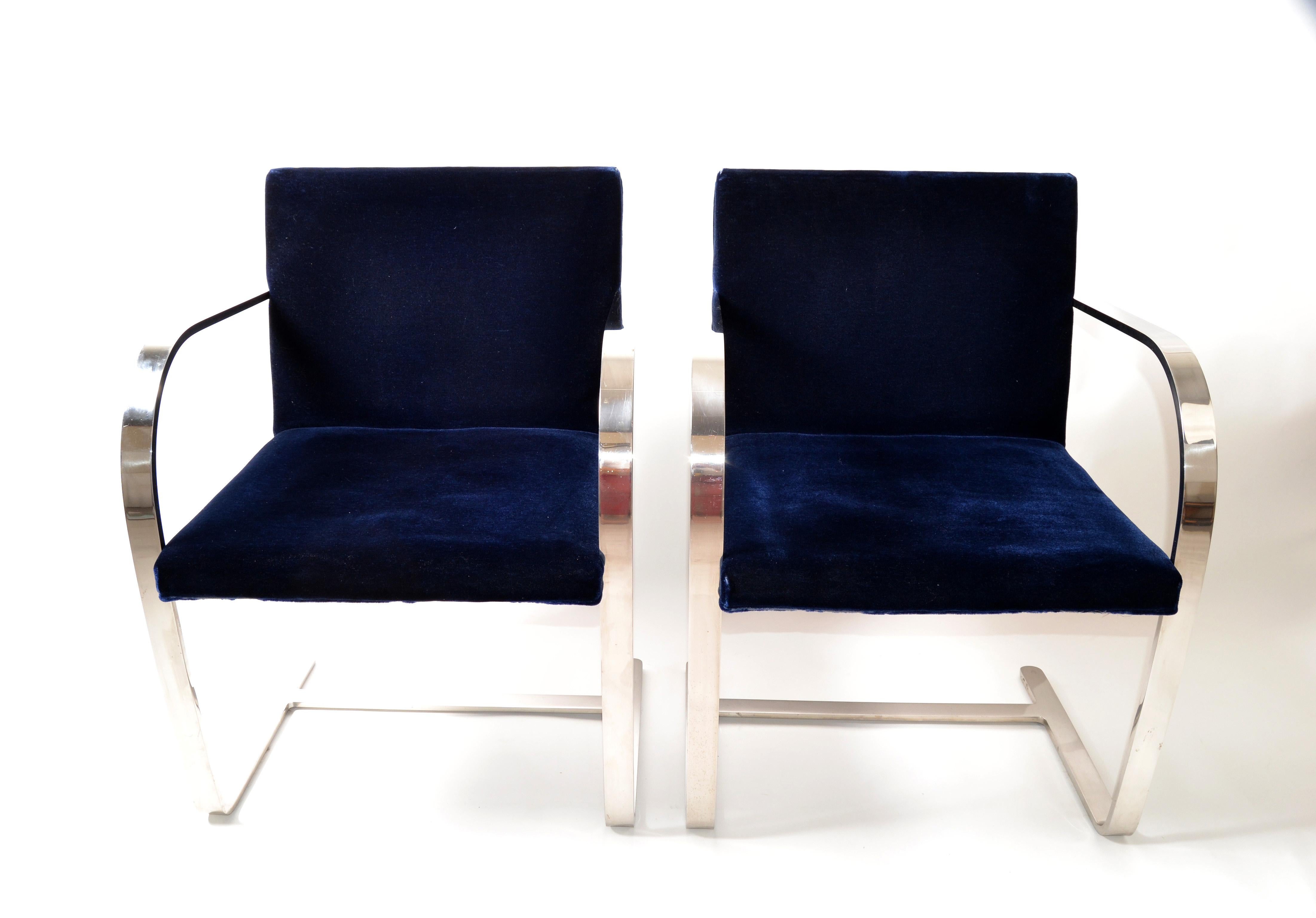 Mies Van Der Rohe For Knoll Stainless Steel Brno Chairs Blue Velvet 1977, Pair   For Sale 8