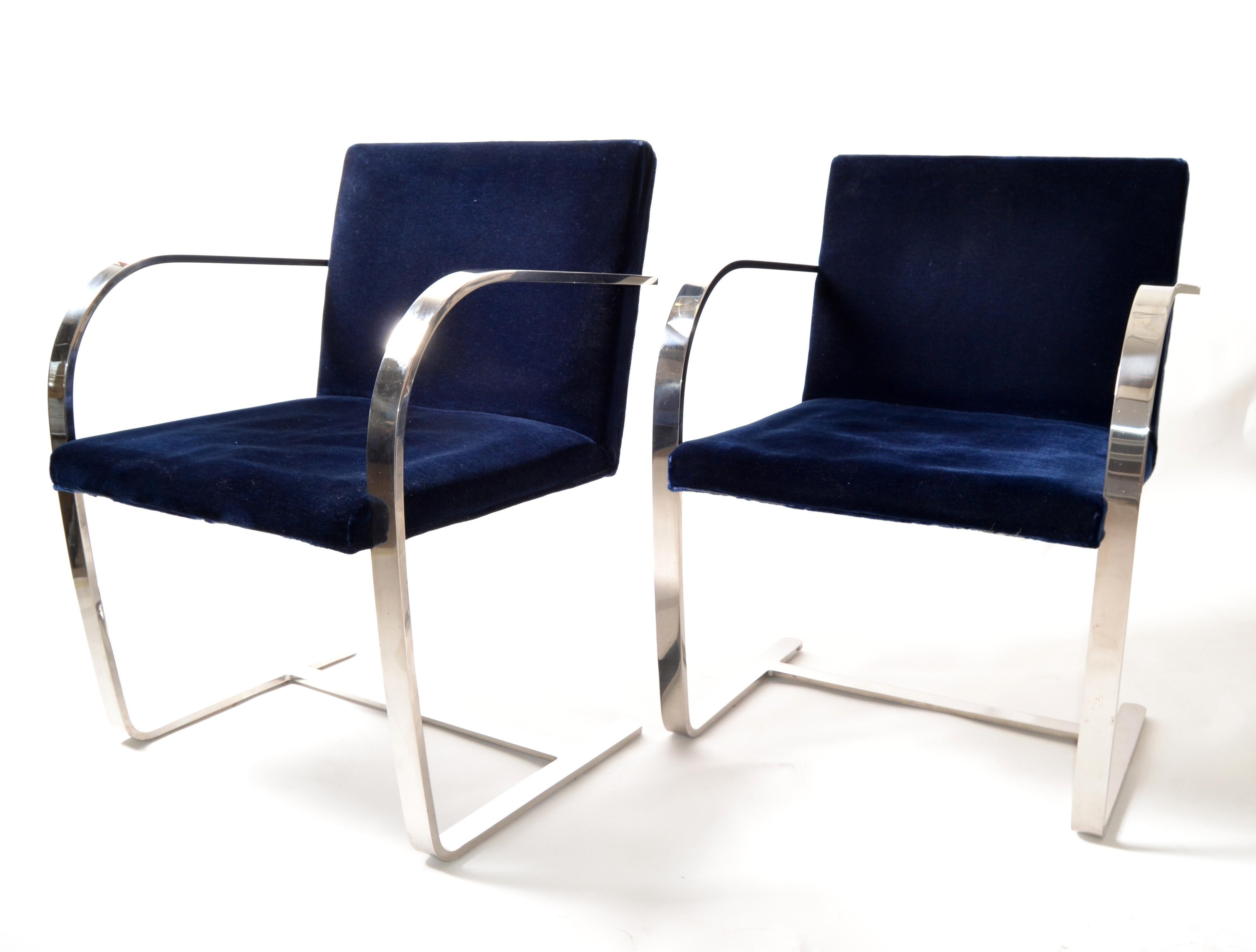 Mid-Century Modern Mies Van Der Rohe For Knoll Stainless Steel Brno Chairs Blue Velvet 1977, Pair   For Sale