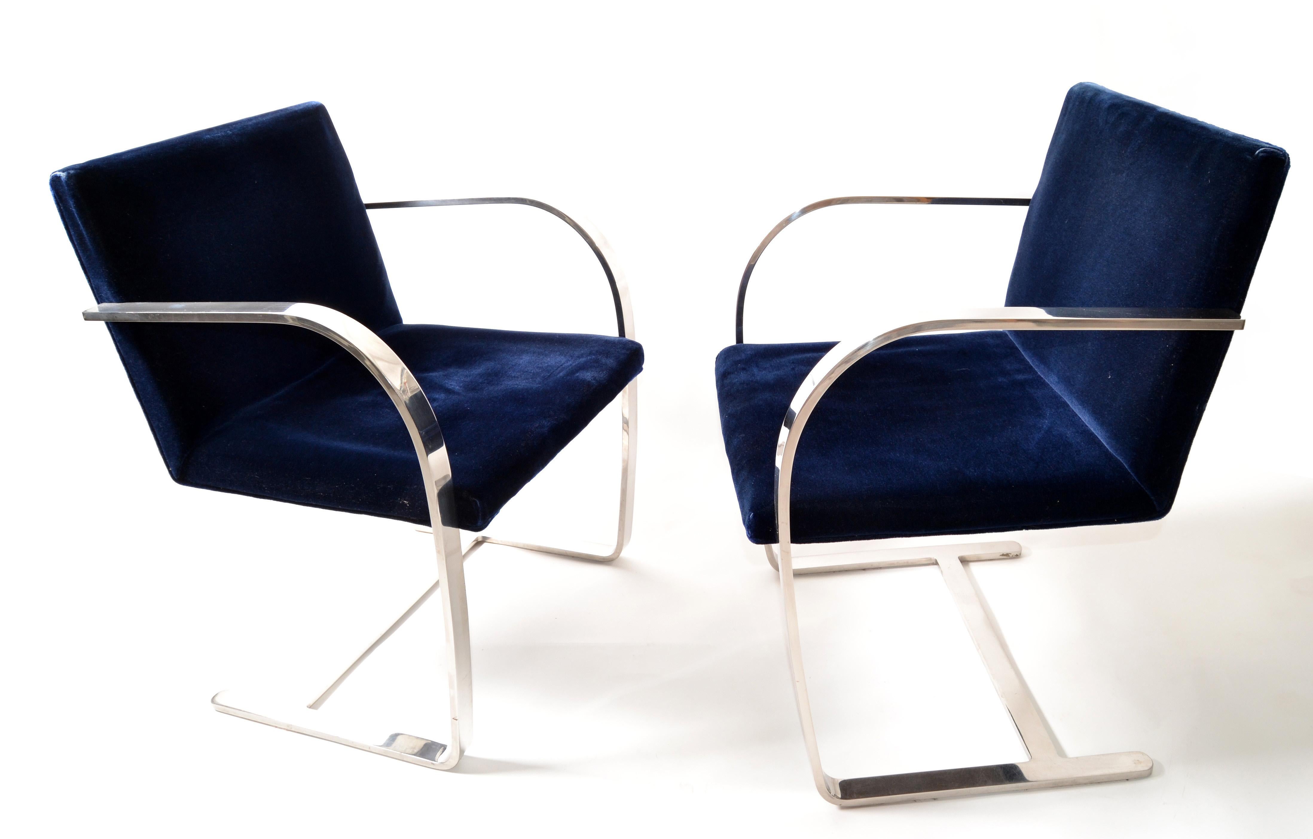 Mies Van Der Rohe For Knoll Stainless Steel Brno Chairs Blue Velvet 1977, Pair   In Good Condition For Sale In Miami, FL