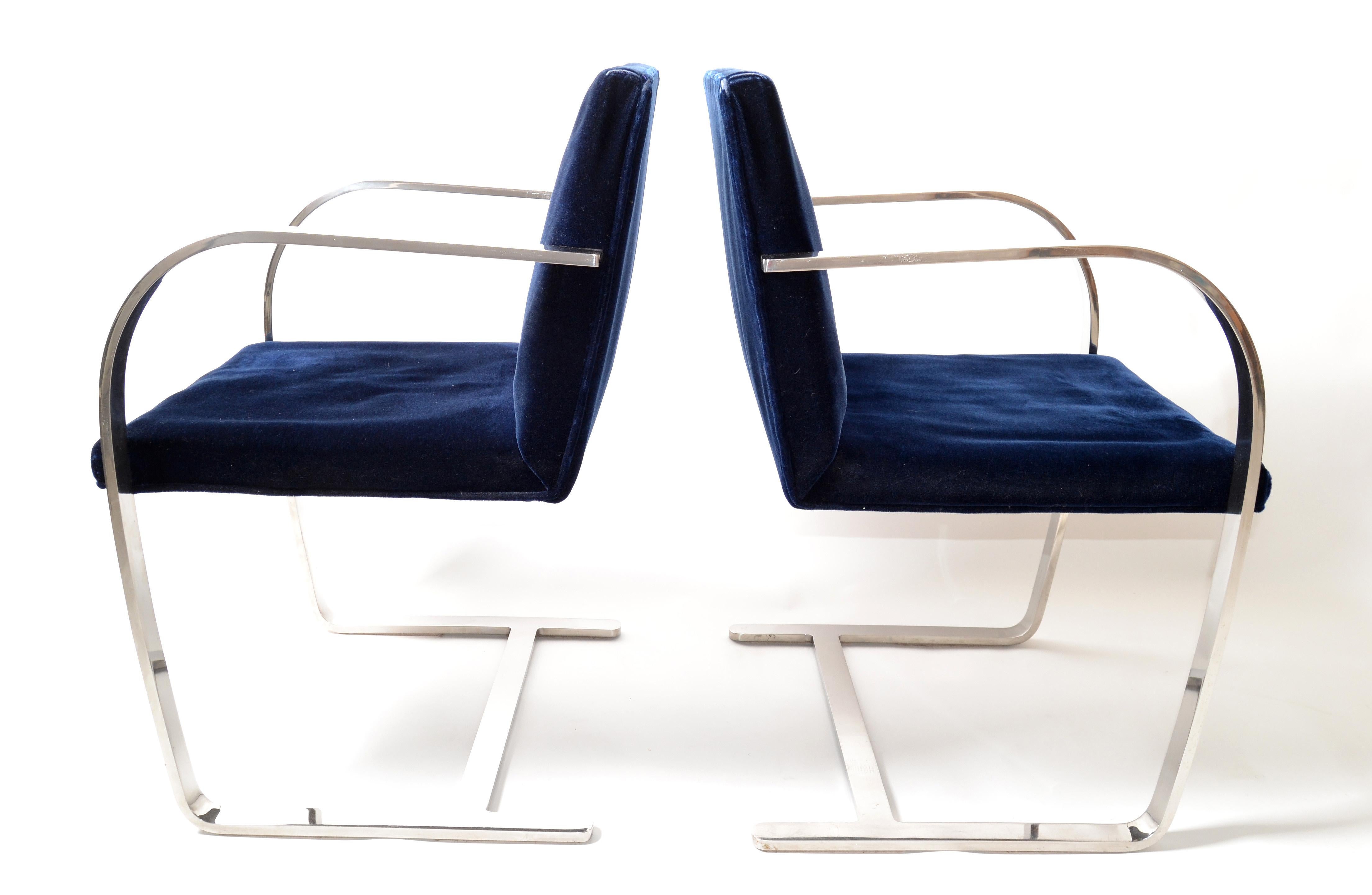 Late 20th Century Mies Van Der Rohe For Knoll Stainless Steel Brno Chairs Blue Velvet 1977, Pair   For Sale
