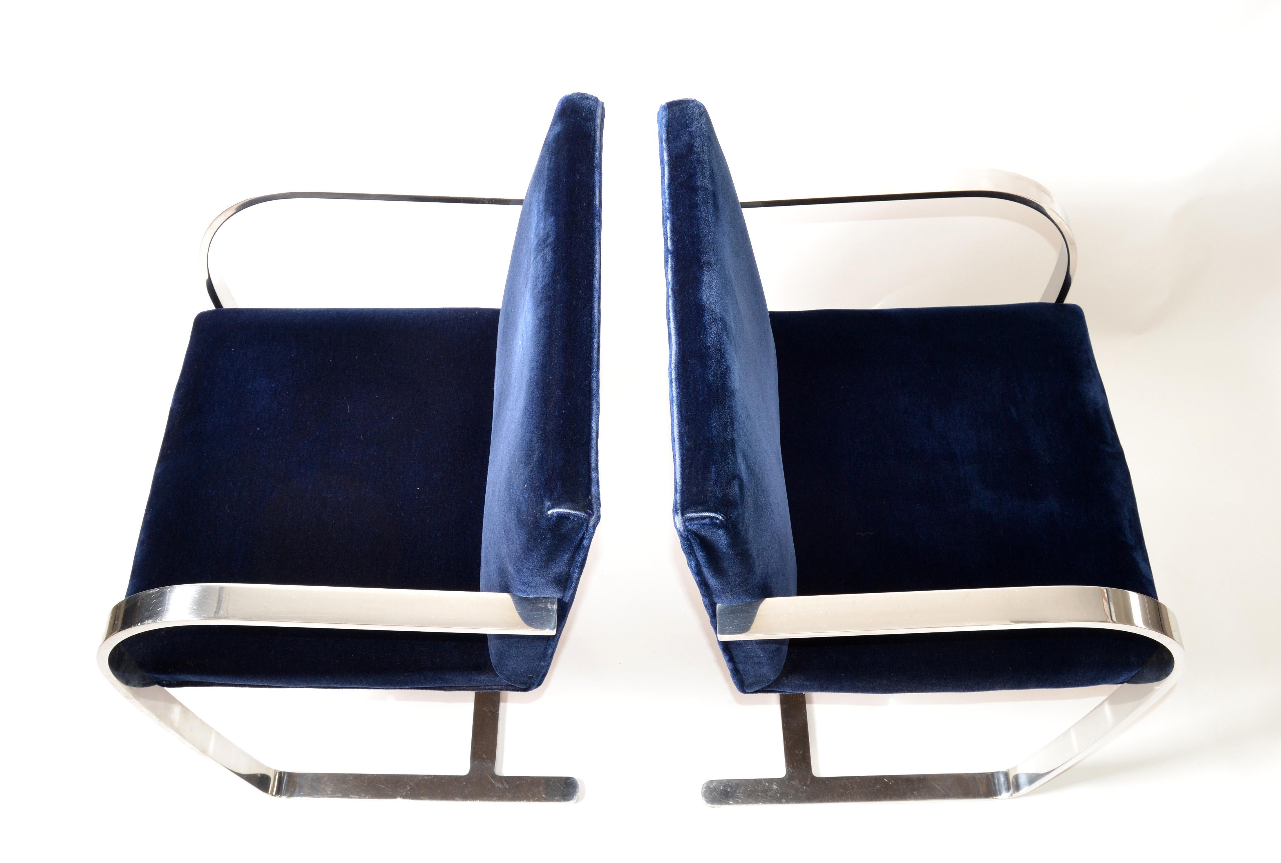 Mies Van Der Rohe For Knoll Stainless Steel Brno Chairs Blue Velvet 1977, Pair   For Sale 1