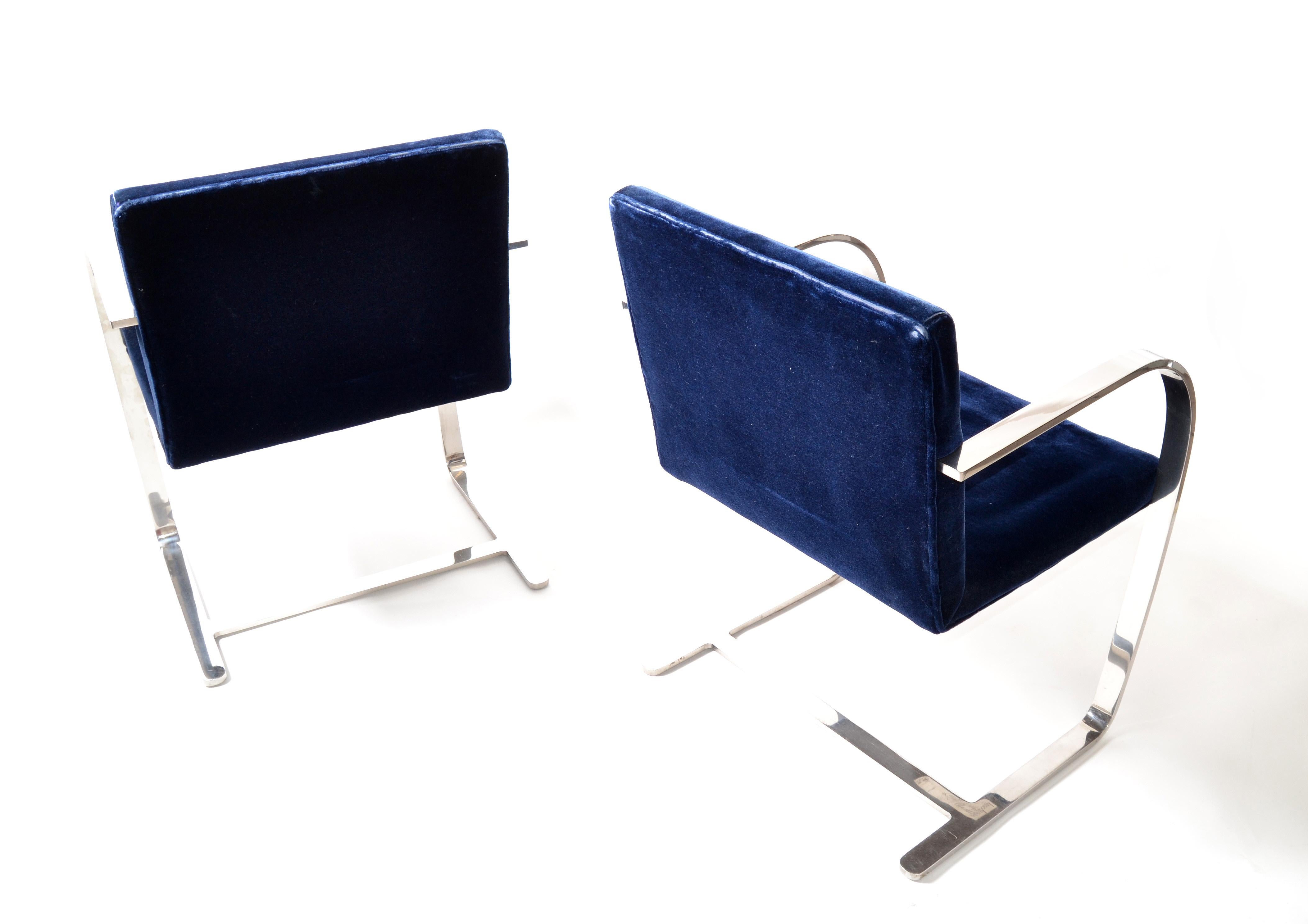 Mies Van Der Rohe For Knoll Stainless Steel Brno Chairs Blue Velvet 1977, Pair   For Sale 3
