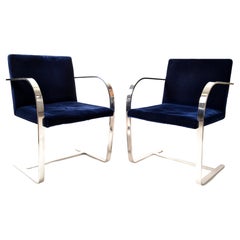 Mies Van Der Rohe For Knoll Stainless Steel Brno Chairs Blue Velvet 1977, Pair  