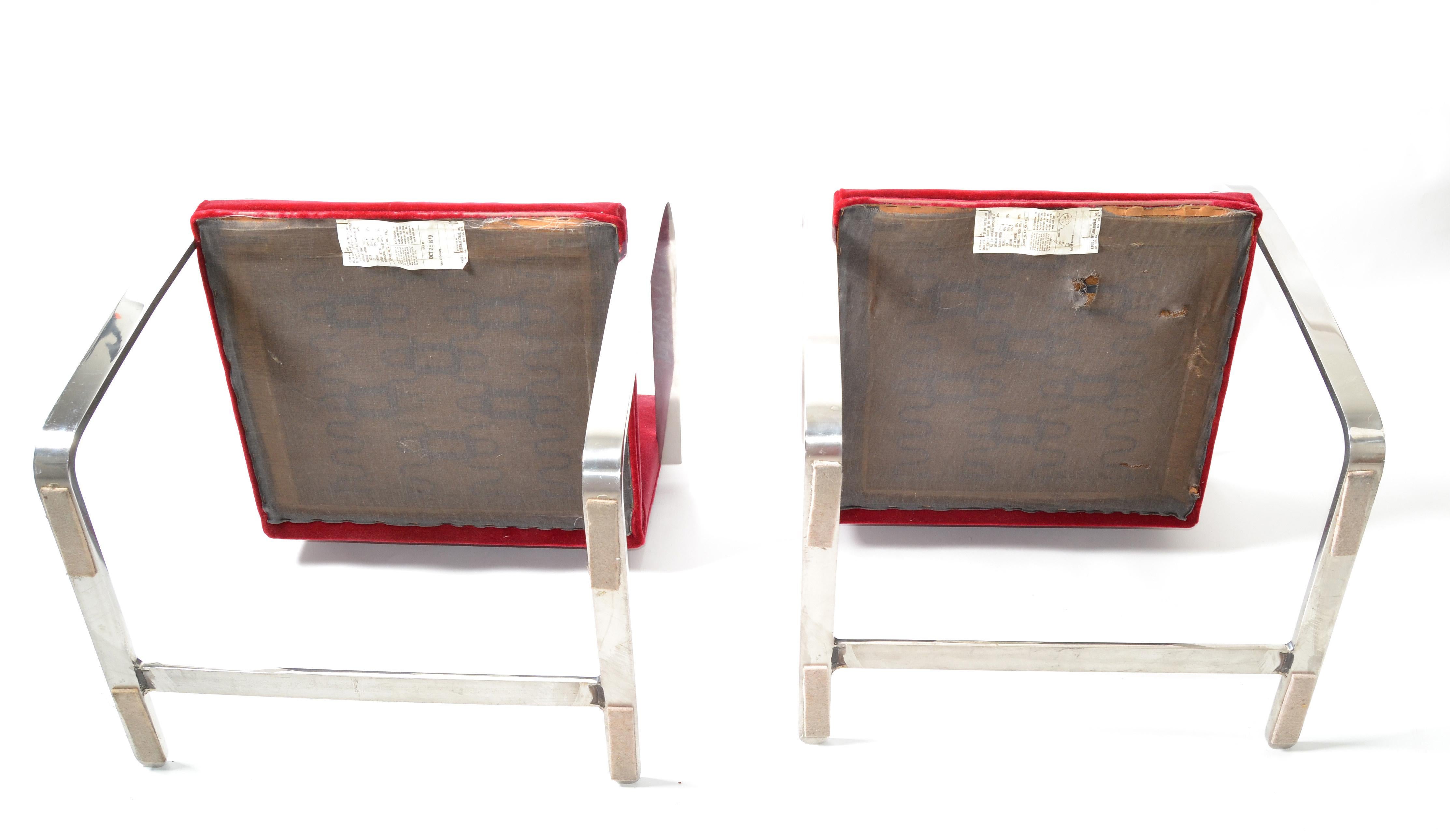 Mies Van Der Rohe for Knoll Stainless Steel Brno Chairs Red Velvet 1979, Pair For Sale 4