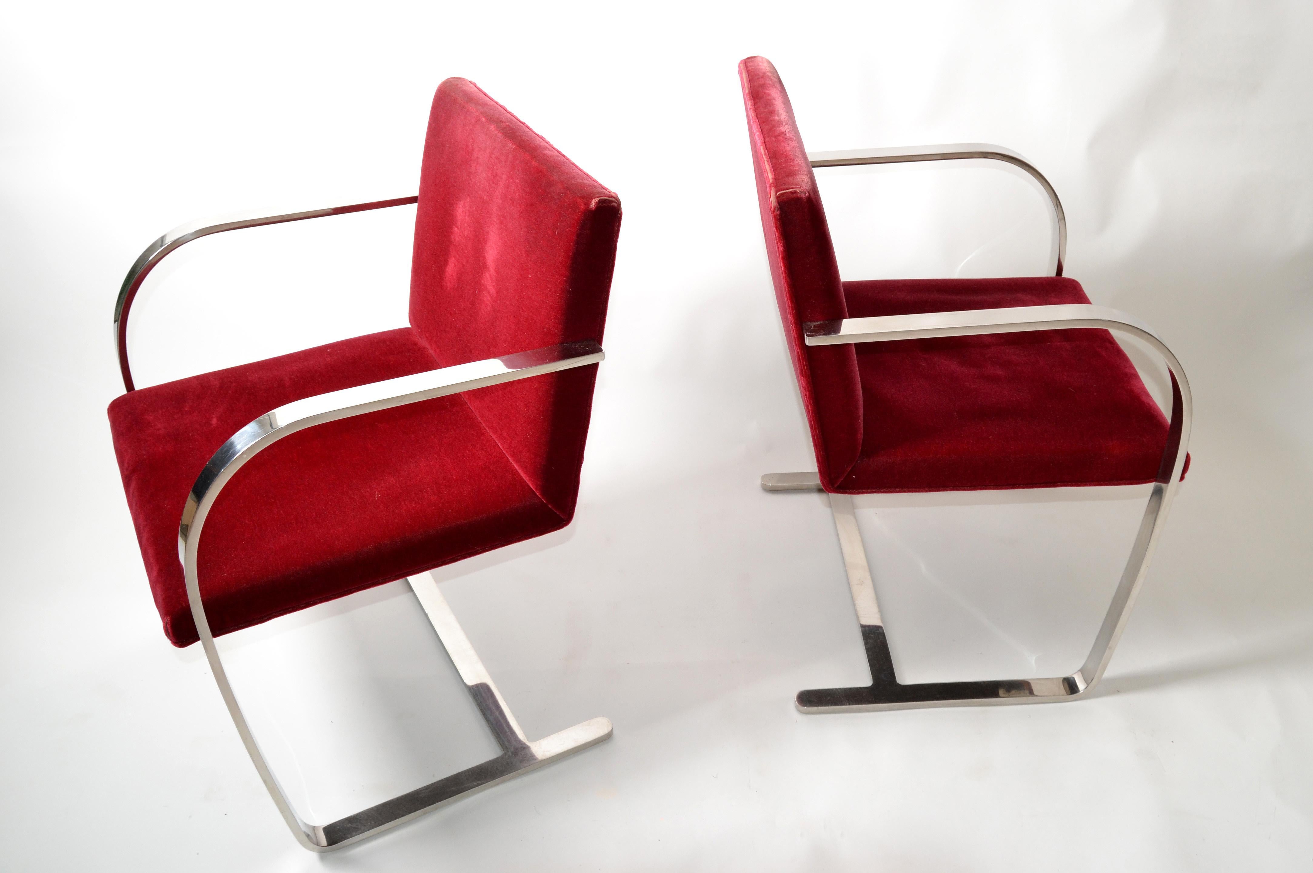 Mid-Century Modern Mies Van Der Rohe for Knoll Stainless Steel Brno Chairs Red Velvet 1979, Pair For Sale