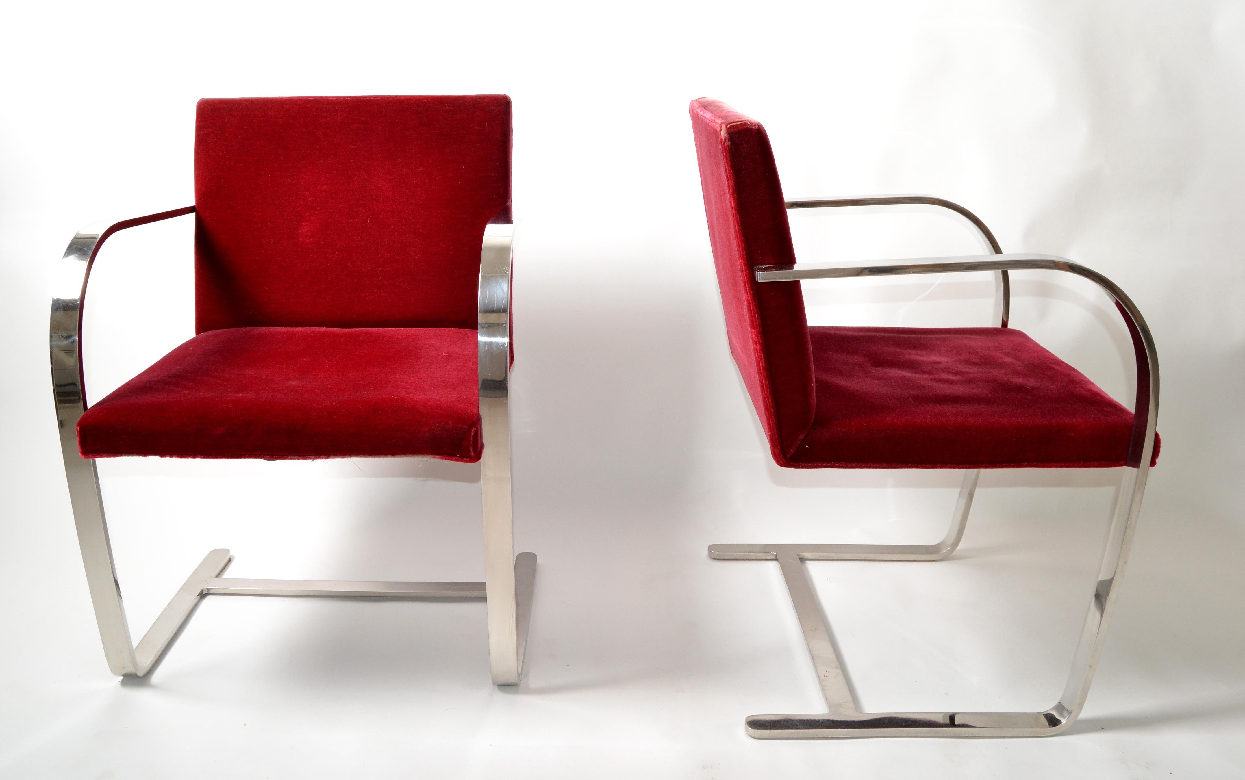 American Mies Van Der Rohe for Knoll Stainless Steel Brno Chairs Red Velvet 1979, Pair For Sale