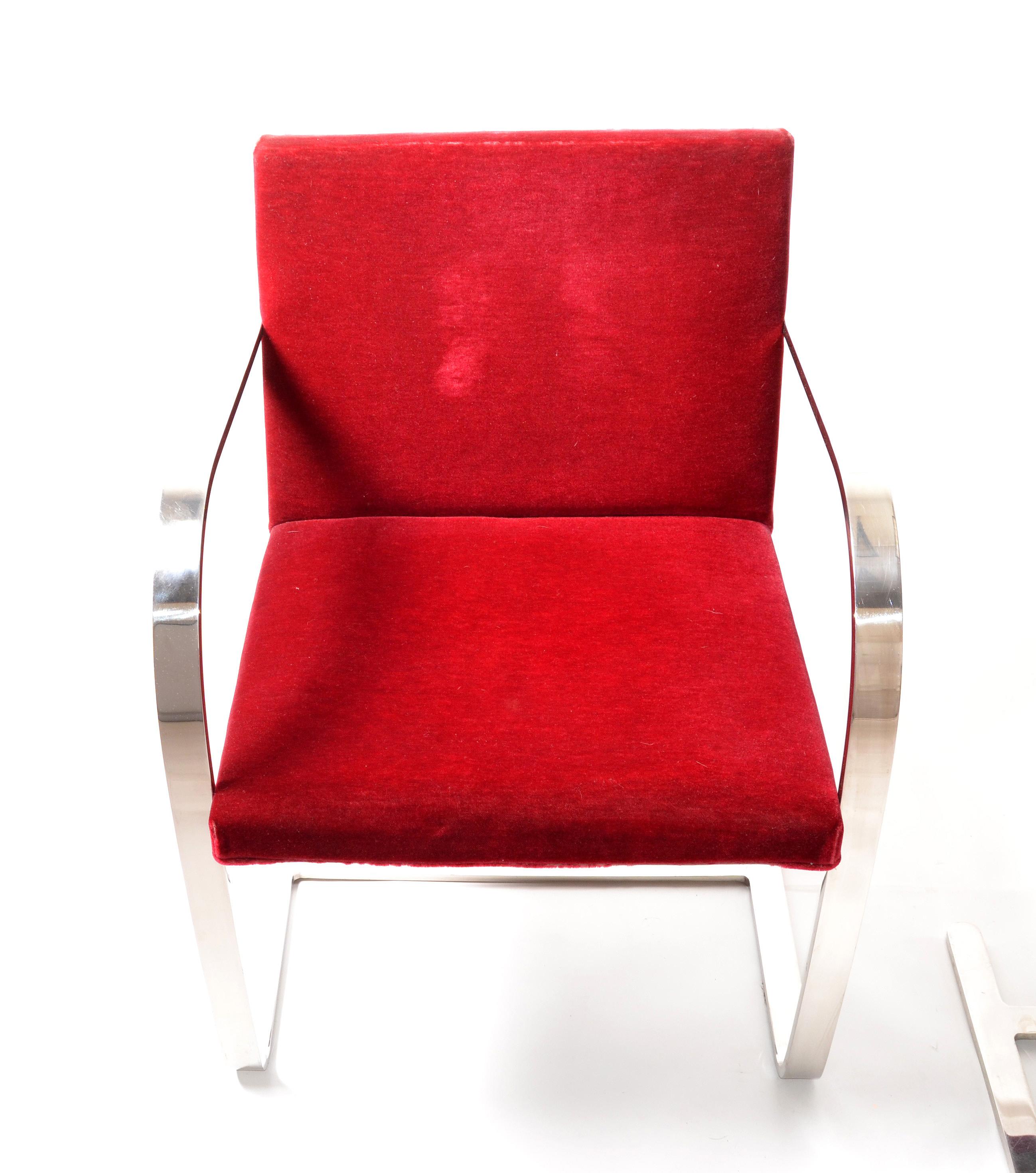 Mies Van Der Rohe for Knoll Stainless Steel Brno Chairs Red Velvet 1979, Pair In Good Condition For Sale In Miami, FL