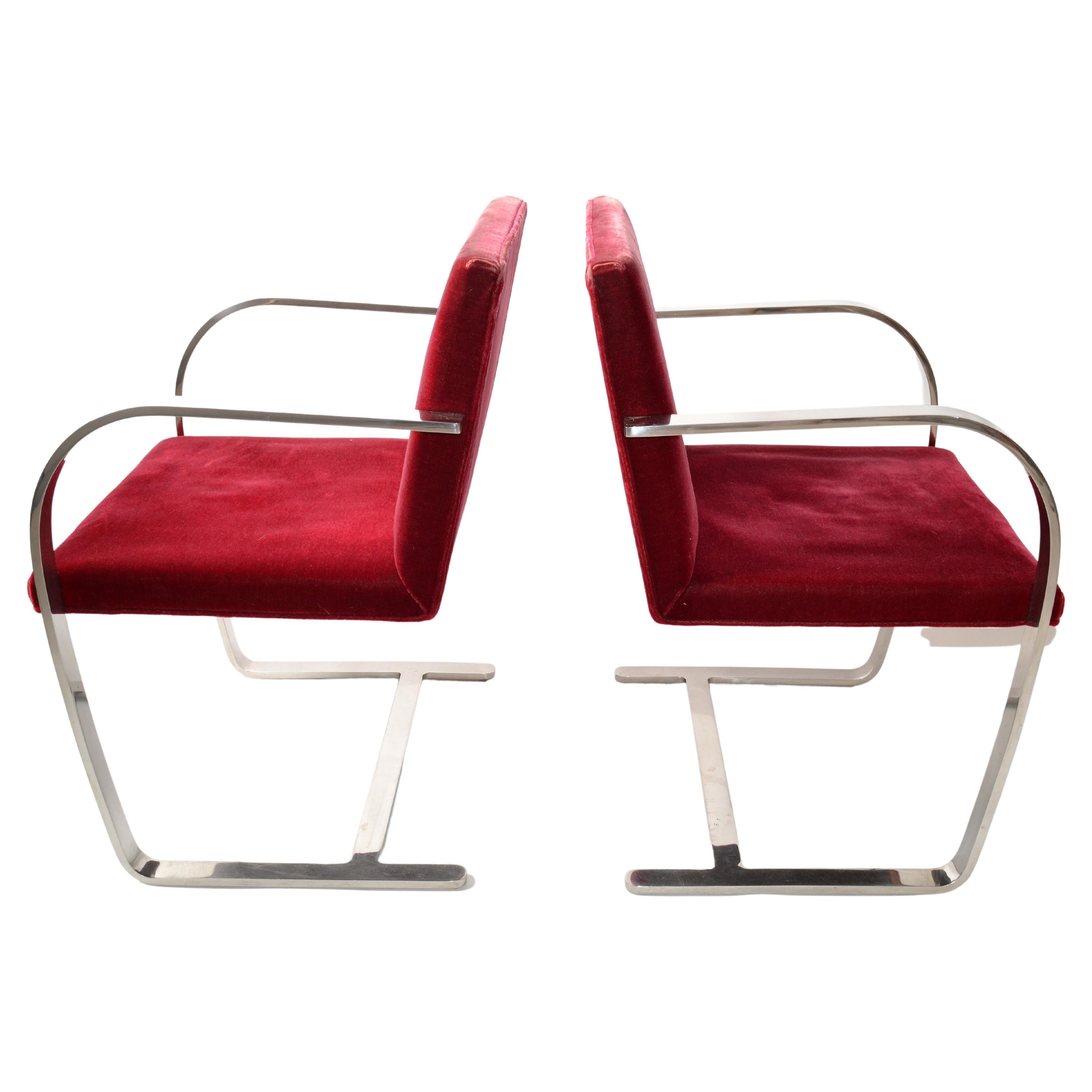 Mies Van Der Rohe for Knoll Stainless Steel Brno Chairs Red Velvet 1979, Pair For Sale