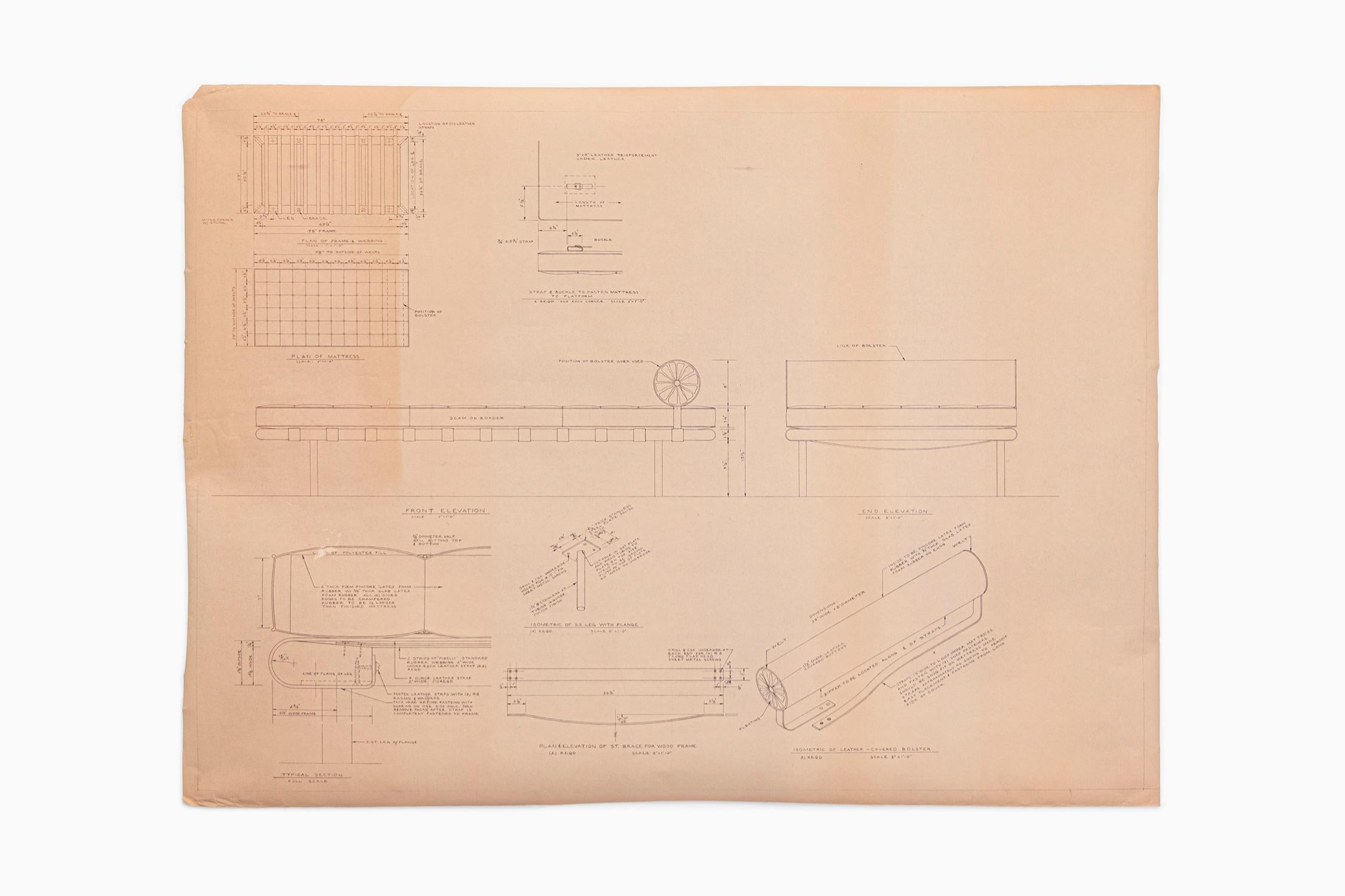 Couch design drawing

The Office of Mies van der Rohe 

designed by Ludwig Mies van der Rohe in 1930 for Philip Johnson’s New York City apartment

delineated by Edward A. Duckett, circa 1950s 

Blue line print 

Measures: 31” H x 41 ½” W