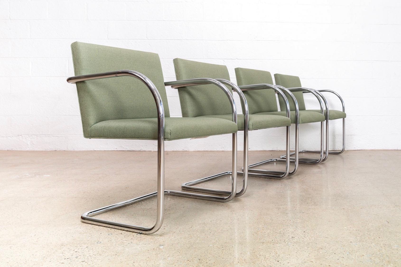 Mid-Century Modern Mies van der Rohe Green Brno Chrome Cantilever Dining Chairs, Set of 4 For Sale