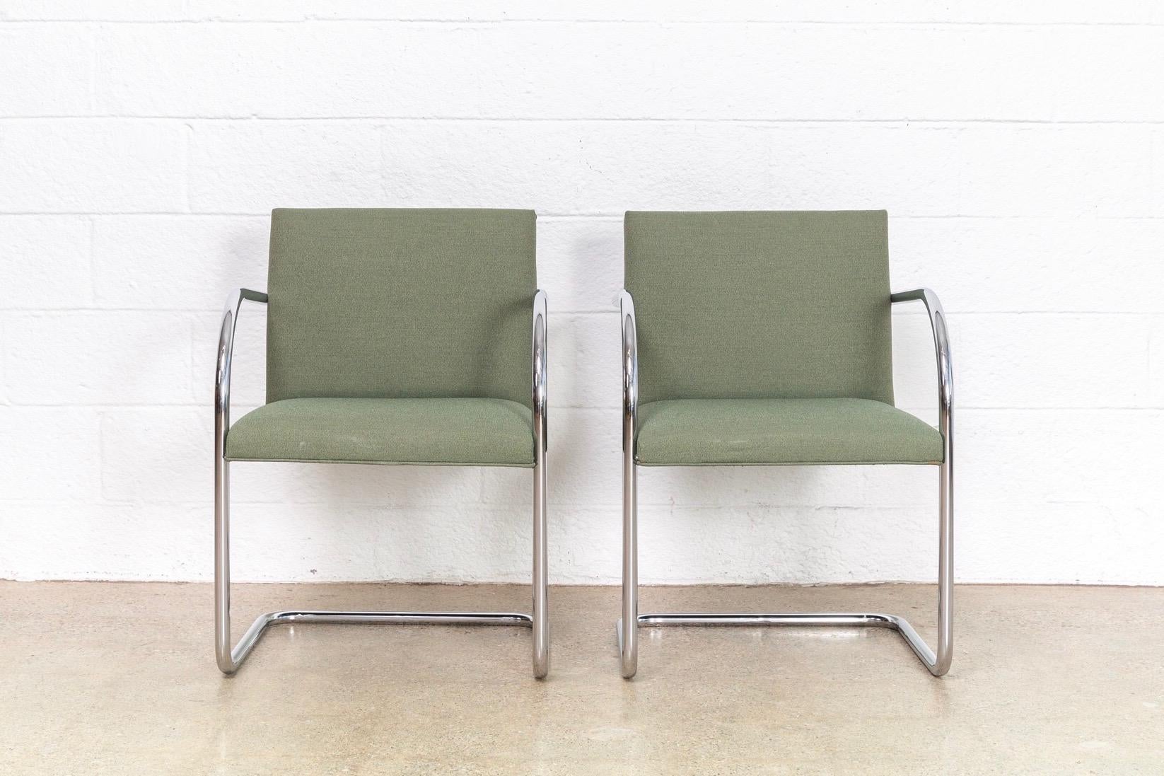 American Mies van der Rohe Green Brno Chrome Cantilever Dining Chairs, Set of 4 For Sale