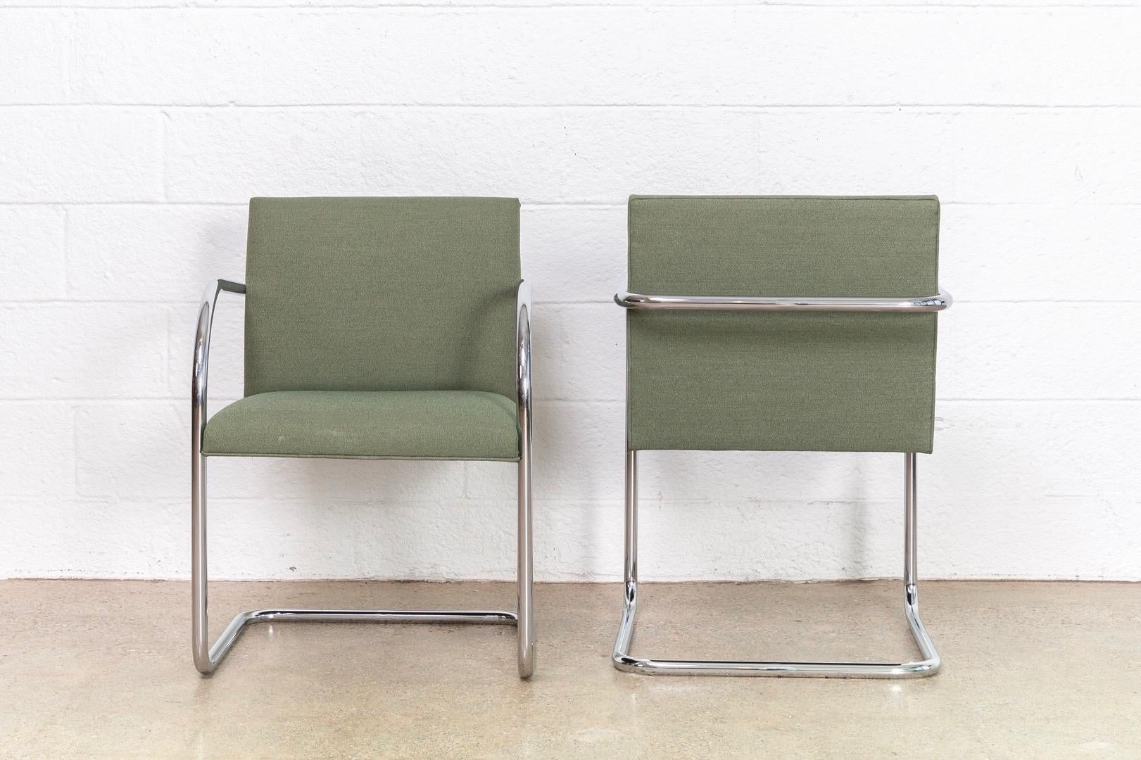 Mies van der Rohe Green Brno Chrome Cantilever Dining Chairs, Set of 4 In Good Condition For Sale In Detroit, MI