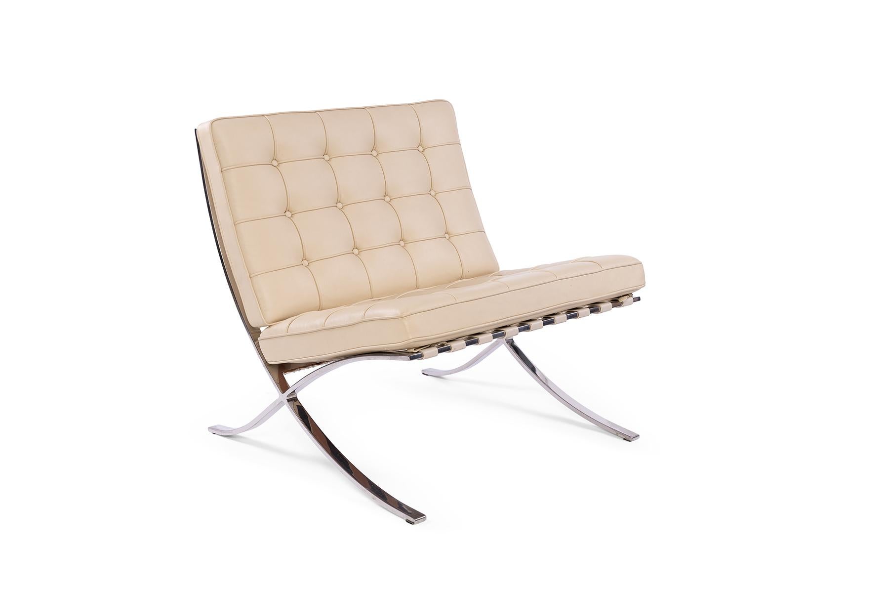 Mies Van Der Rohe for Knoll pair of stainless steel and leather Barcelona chairs circa early 1990’s. These examples are in excellent original condition and priced as a pair.
  