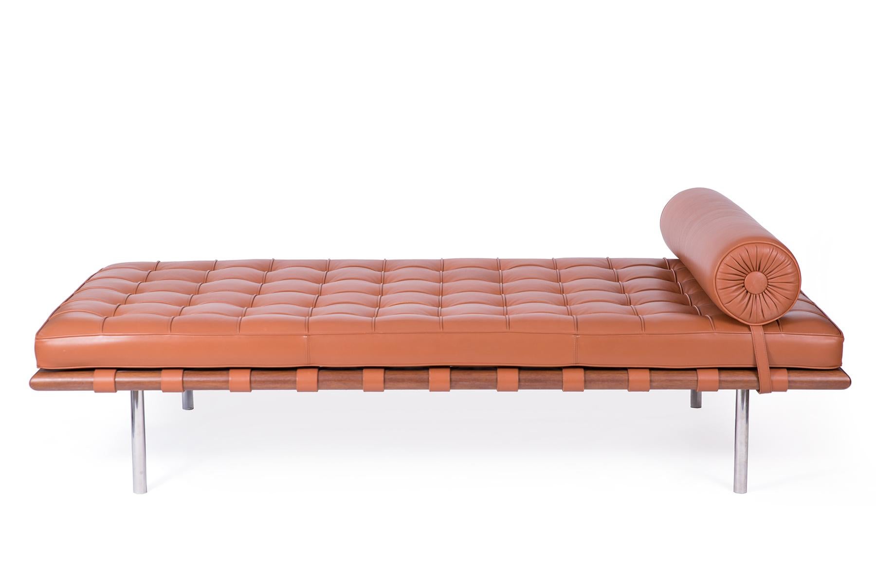 Mies van der Rohe for Knoll Barcelona daybed, circa late 1980s. This all original example is in phenomenal condition with butterscotch leather and walnut frame. 
Labeled.