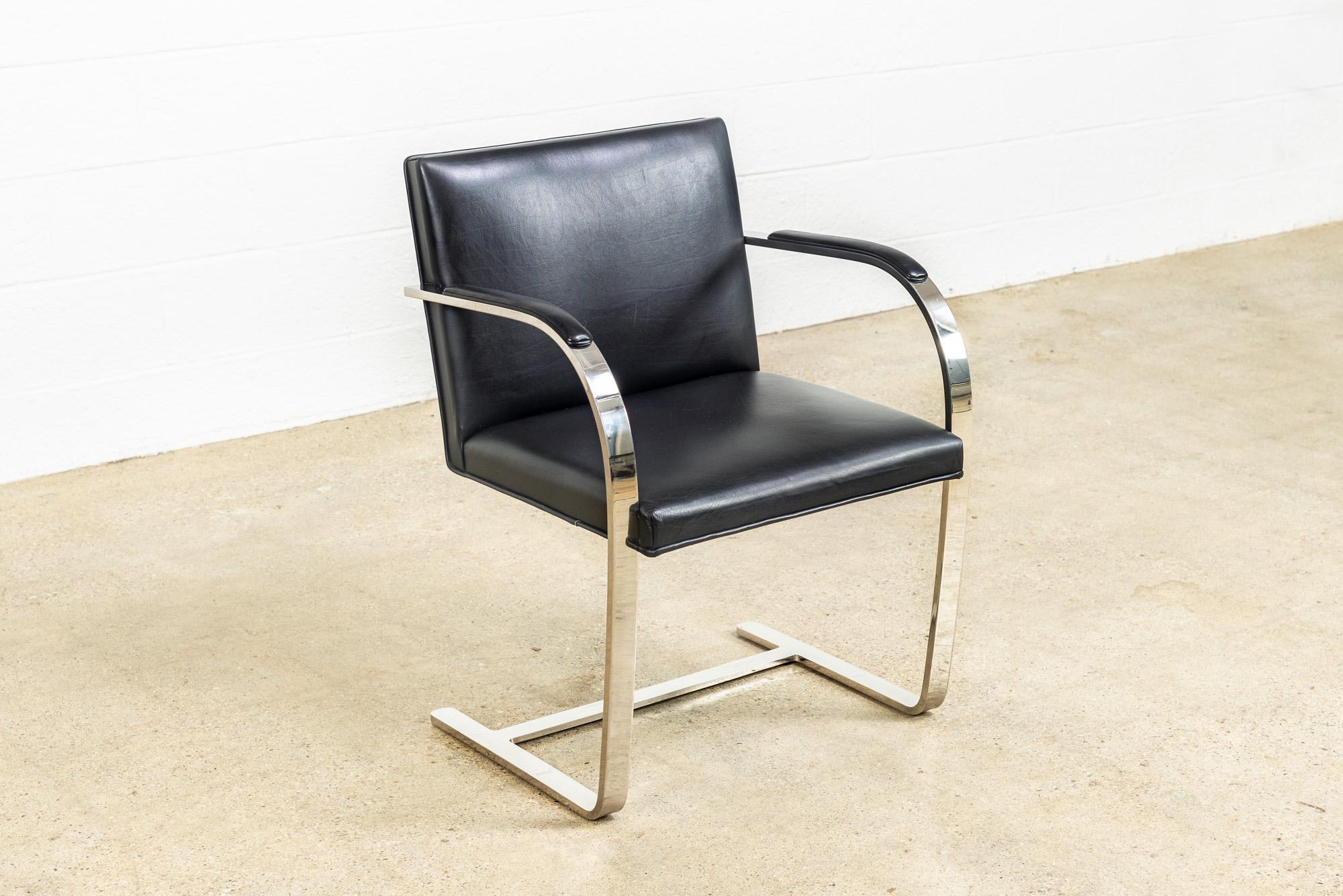 Mies van der Rohe Knoll Brno Flat Bar Black Leather & Chrome Chairs, Set of 4 For Sale 4