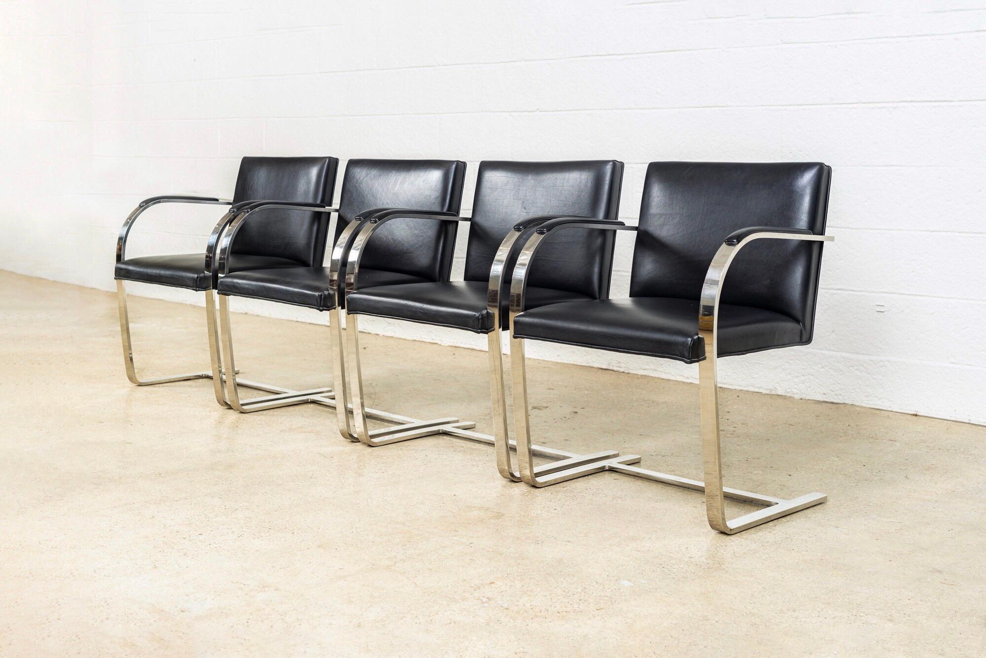 Mid-Century Modern Mies van der Rohe Knoll Brno Flat Bar Black Leather & Chrome Chairs, Set of 4 For Sale