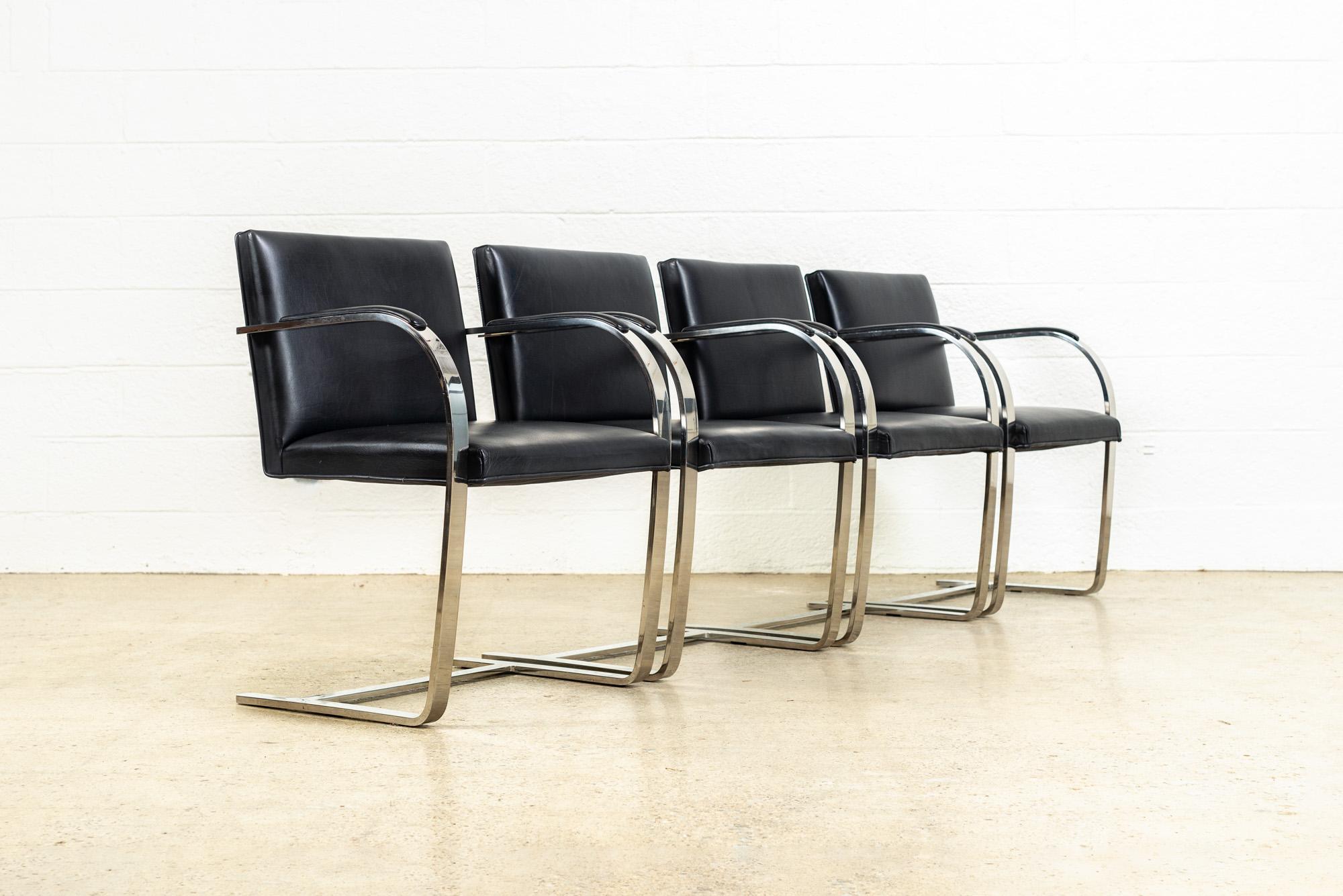 American Mies van der Rohe Knoll Brno Flat Bar Black Leather & Chrome Chairs, Set of 4 For Sale