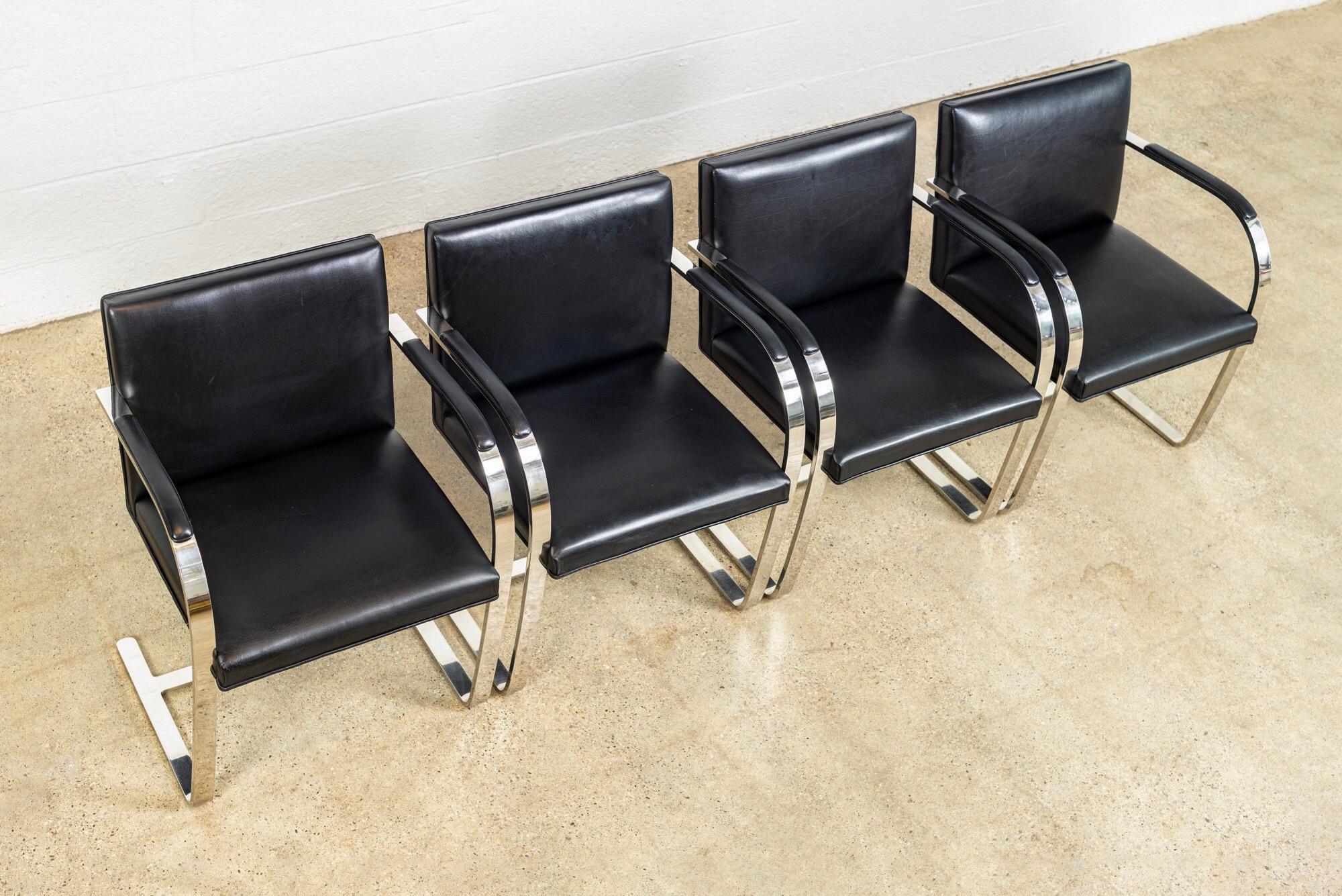 Mies van der Rohe Knoll Brno Flat Bar Black Leather & Chrome Chairs, Set of 4 In Good Condition For Sale In Detroit, MI