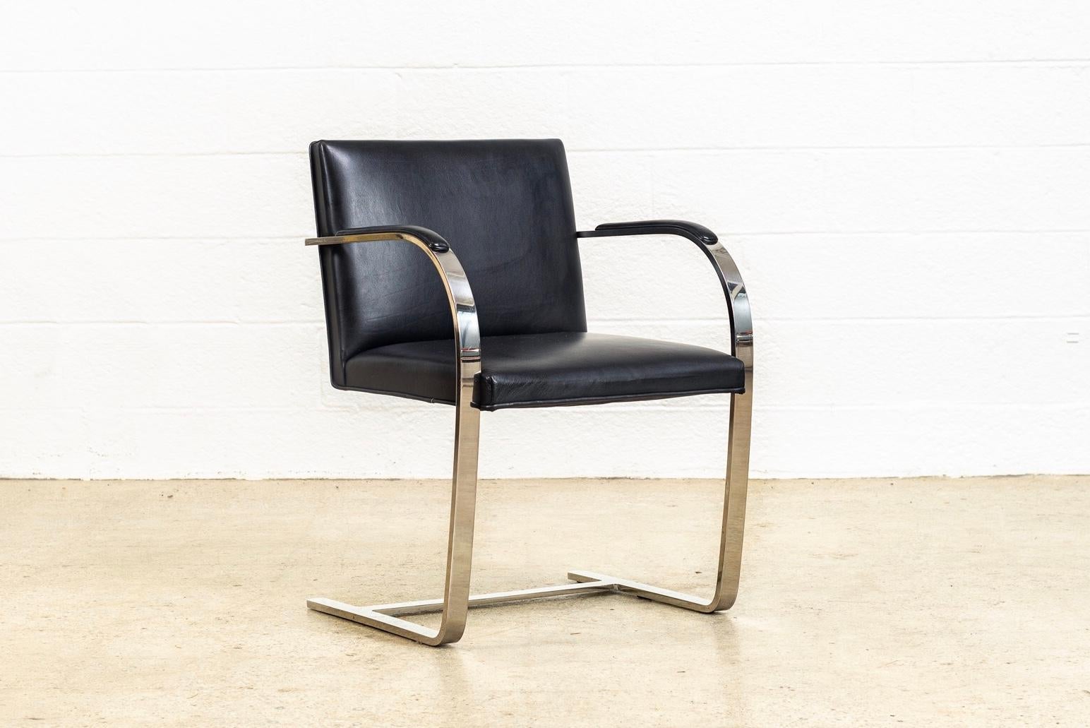 Mies van der Rohe Knoll Brno Flat Bar Black Leather & Chrome Chairs, Set of 4 For Sale 2
