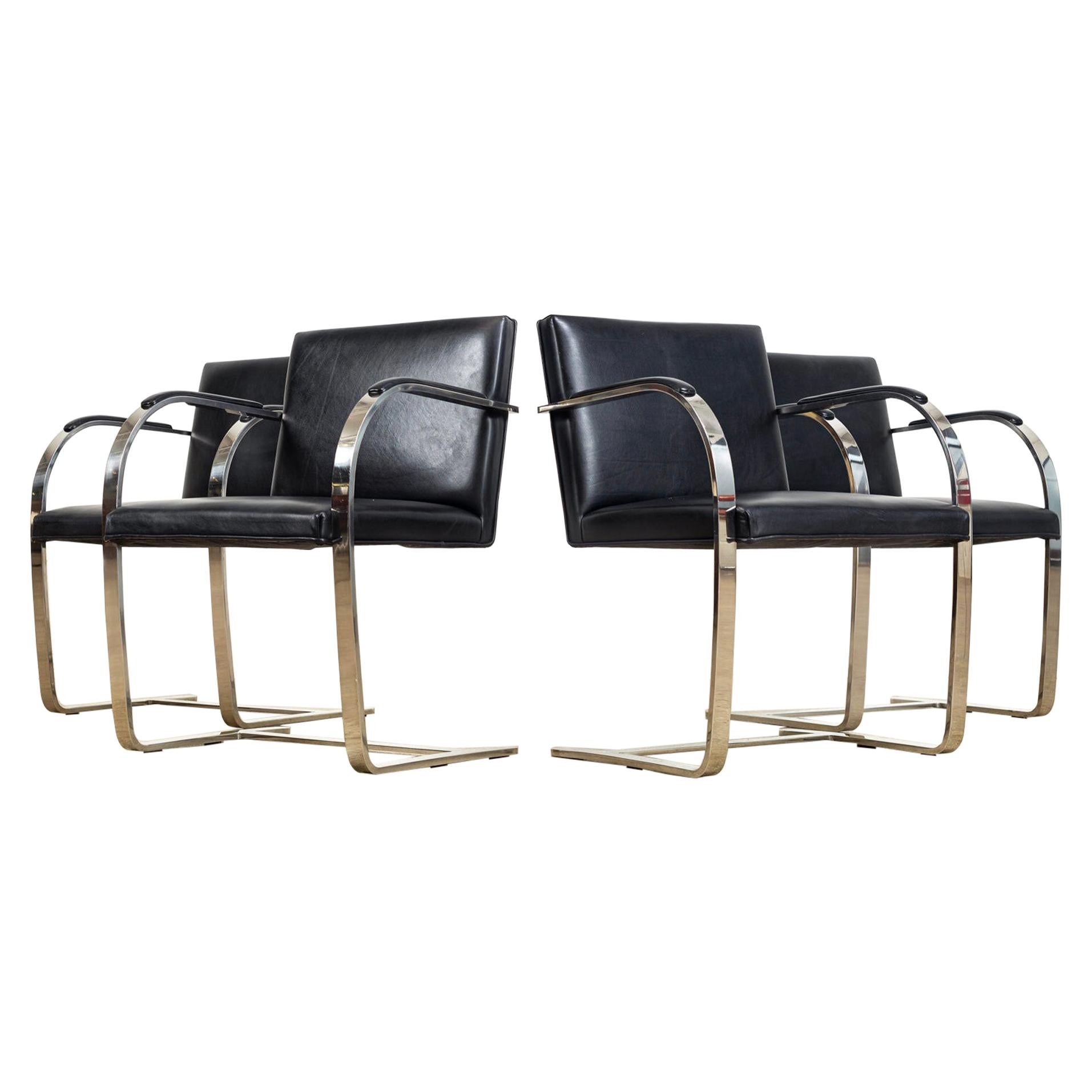 Mies van der Rohe Knoll Brno Flat Bar Black Leather & Chrome Chairs, Set of 4 For Sale