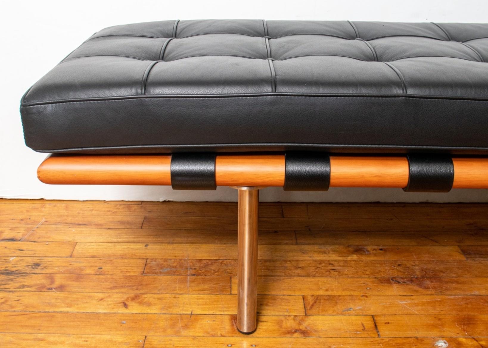 Ludwig Mies Van der Rohe (German/American, 1886-1969) manner modern stretched Barcelona bench with black leather tufted upholstered seat on metal and wood frame.

Dimensions: 16.5