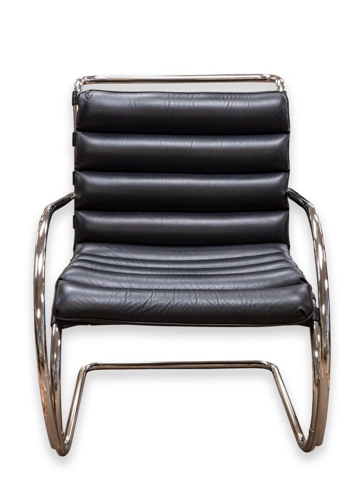 Mies van der Rohe MR lounge chair. A gorgeous lounge chair with a sophisticated, elegant cantilever design with tubular chrome steel, and padded black leather seats. This chair was originally designed by Mies in 1927 for the Weissenhof exhibit in