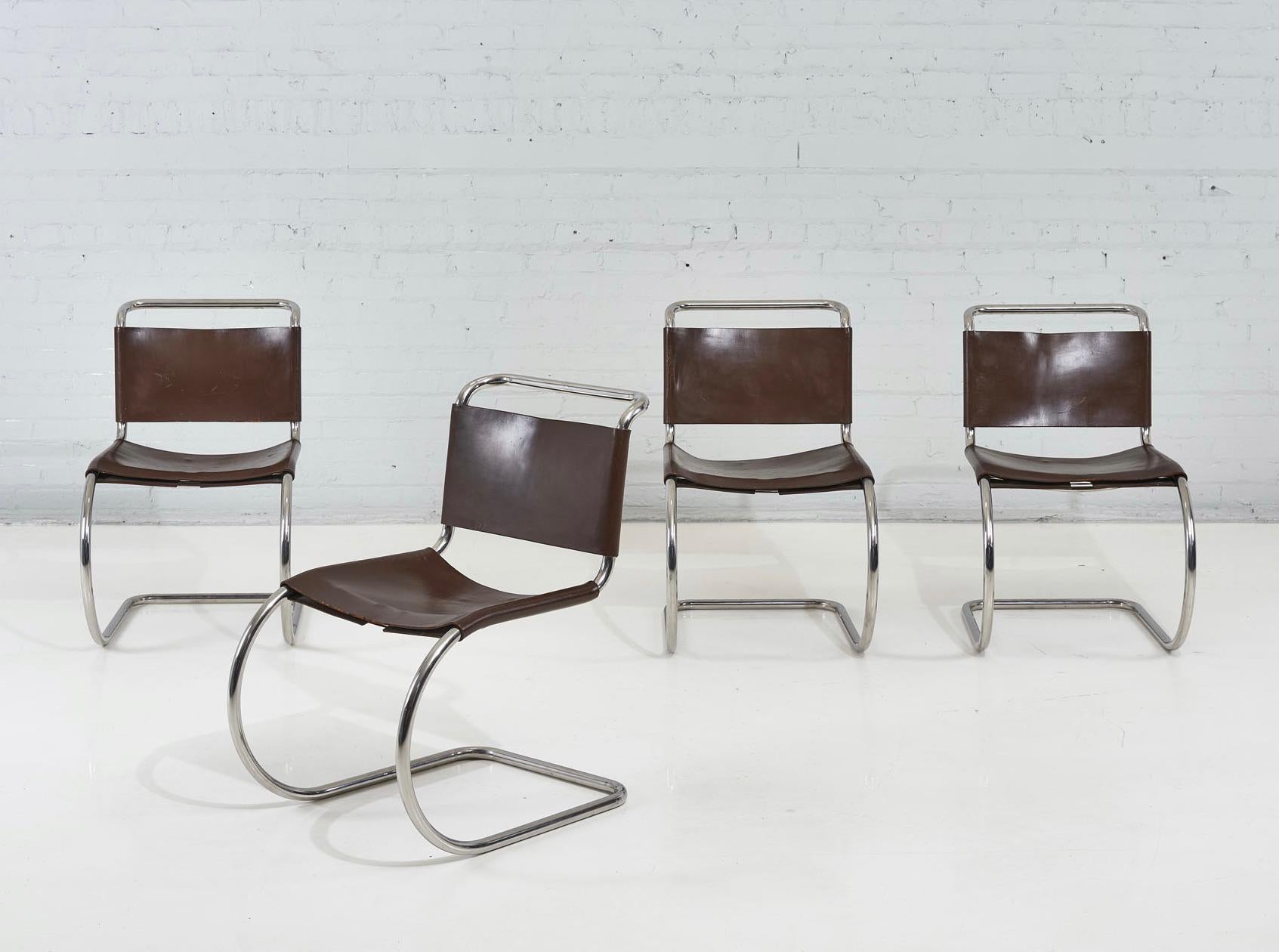 Set of 4 original 1960's MR10 dining chairs designed by Mies van der Rohe for Knoll. Original leather and stainless steel frames are all in good shape. Chairs have Earle Knoll labels.