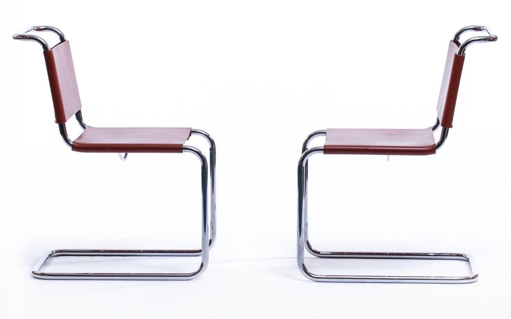 Knoll Spoleto chairs.  Designed by Knoll to compliment the collection of Mies Van der Rohe pieces. . Purchased from Knoll in 1974 along with a pair of caramel Barcelona chairs. Caramel leather with polished chrome frames, laced backs and spring