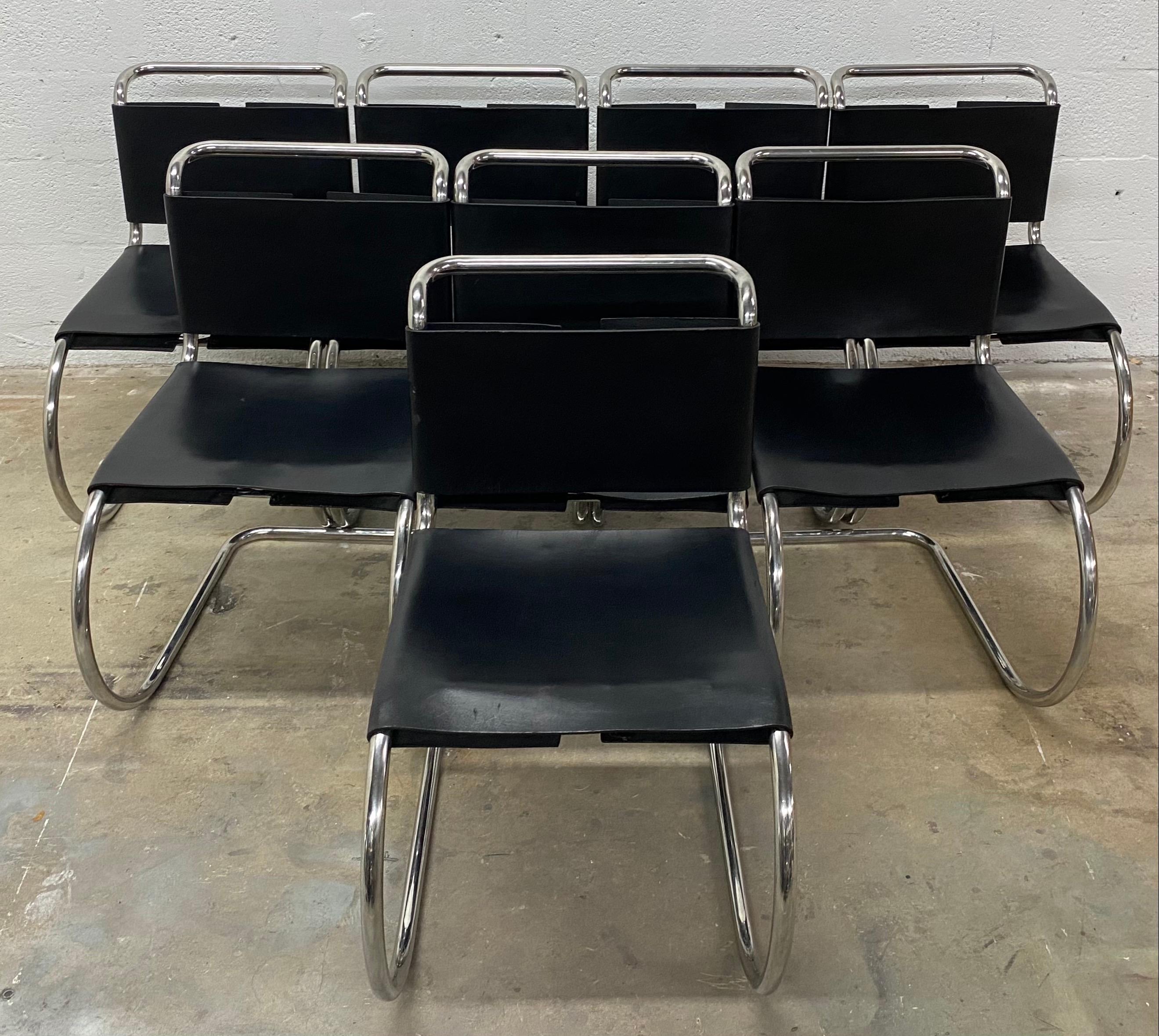 Mid-20th Century Mies Van Der Rohe MR10 Black Leather Dining Chairs for Knoll, Set of Eight